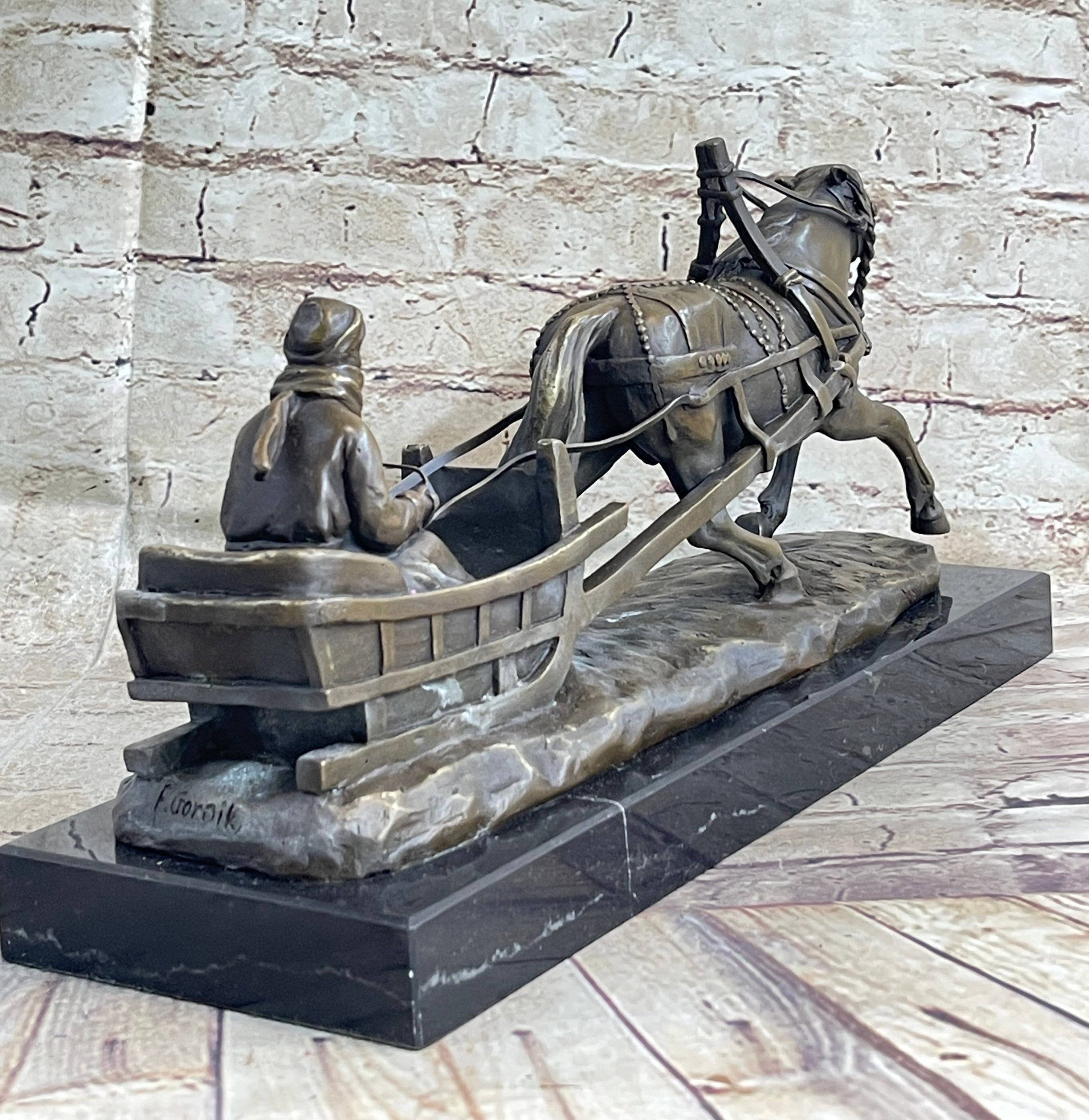 Large Russian Bronze - Man in Sleigh pulled by Horse - Signed Friedrich Gornik