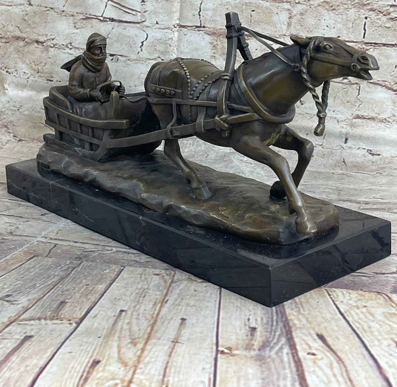Large Russian Bronze - Man in Sleigh pulled by Horse - Signed Friedrich Gornik