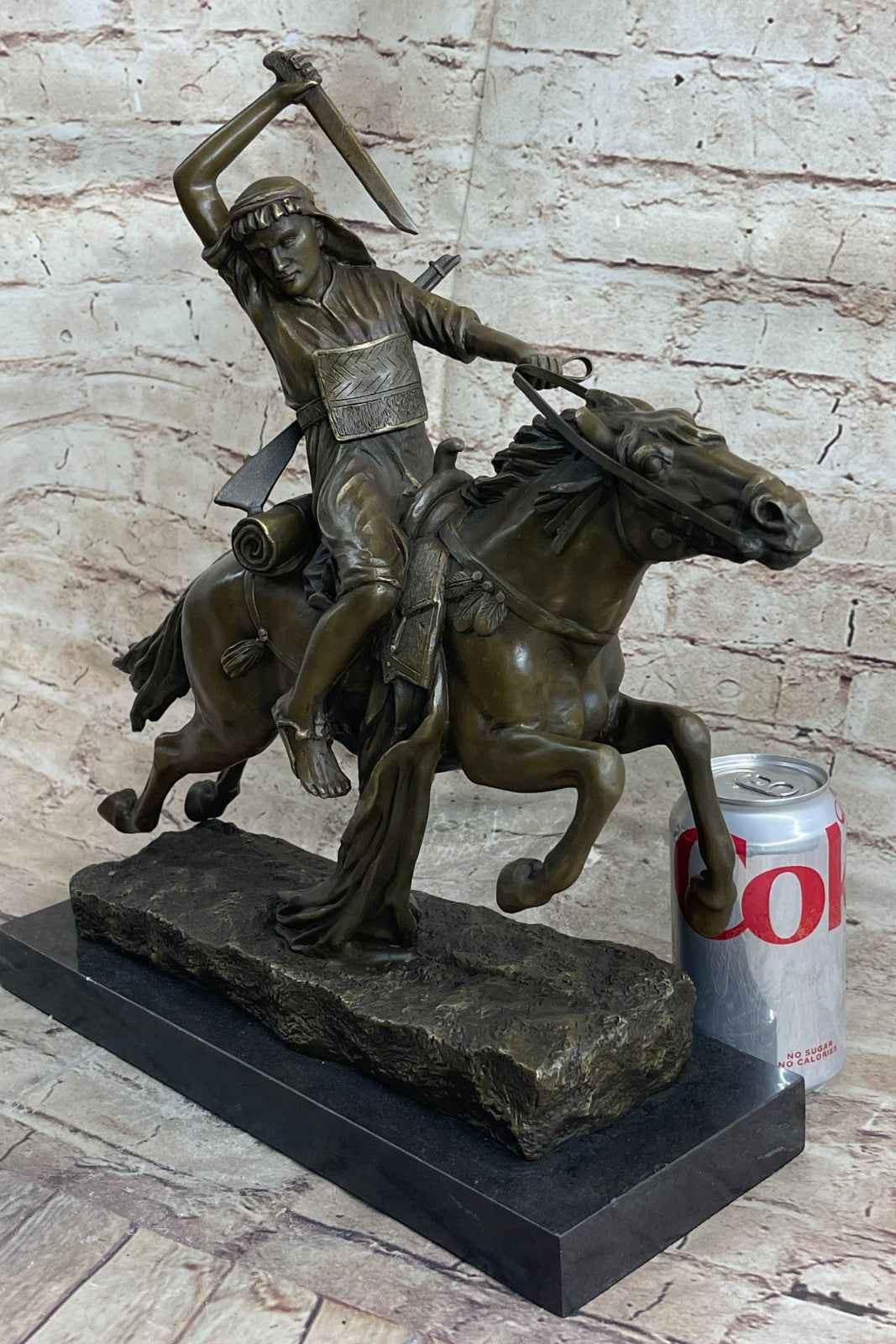 Arabian Arab Warrior on Horseback Bronze Statue Sculpture Figure on Marble Base