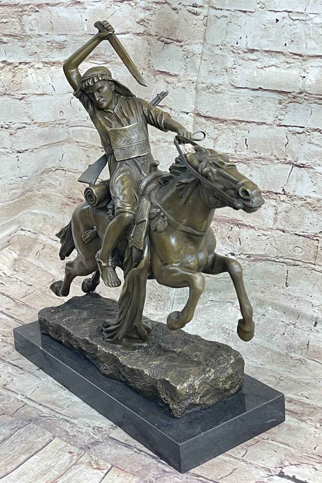 Arabian Arab Warrior on Horseback Bronze Statue Sculpture Figure on Marble Base