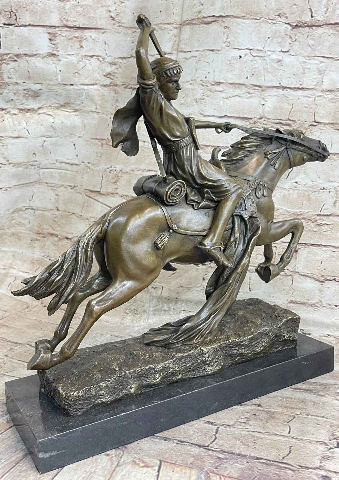 Arabian Arab Warrior on Horseback Bronze Statue Sculpture Figure on Marble Base