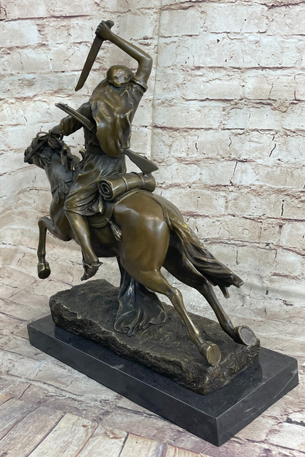 Arabian Arab Warrior on Horseback Bronze Statue Sculpture Figure on Marble Base