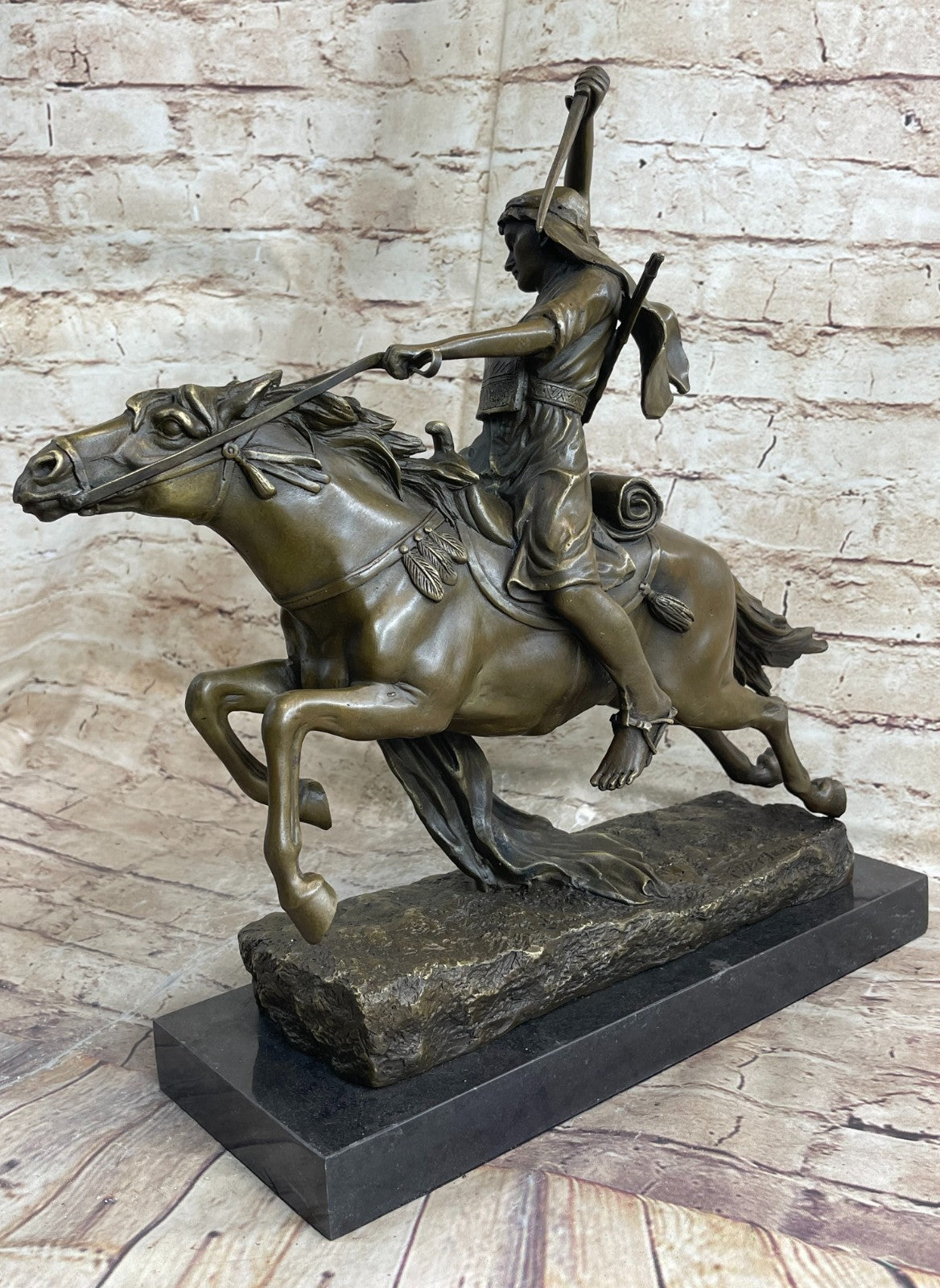 Arabian Arab Warrior on Horseback Bronze Statue Sculpture Figure on Marble Base