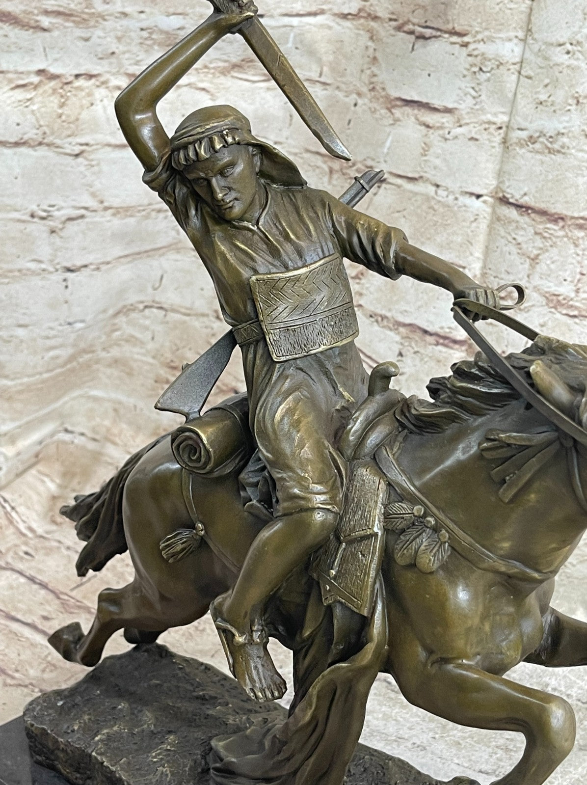 Arabian Arab Warrior on Horseback Bronze Statue Sculpture Figure on Marble Base