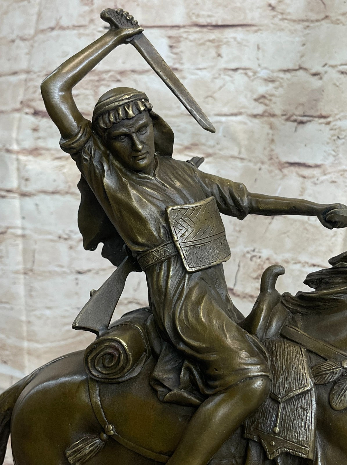Arabian Arab Warrior on Horseback Bronze Statue Sculpture Figure on Marble Base