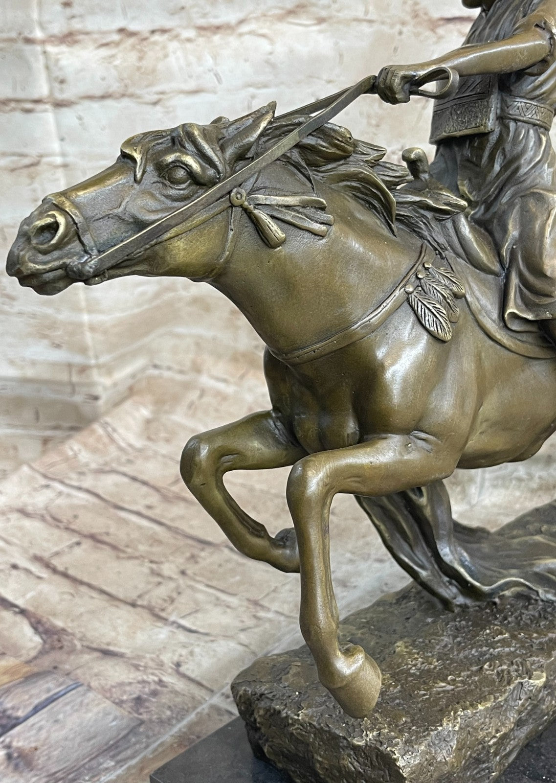 Arabian Arab Warrior on Horseback Bronze Statue Sculpture Figure on Marble Base
