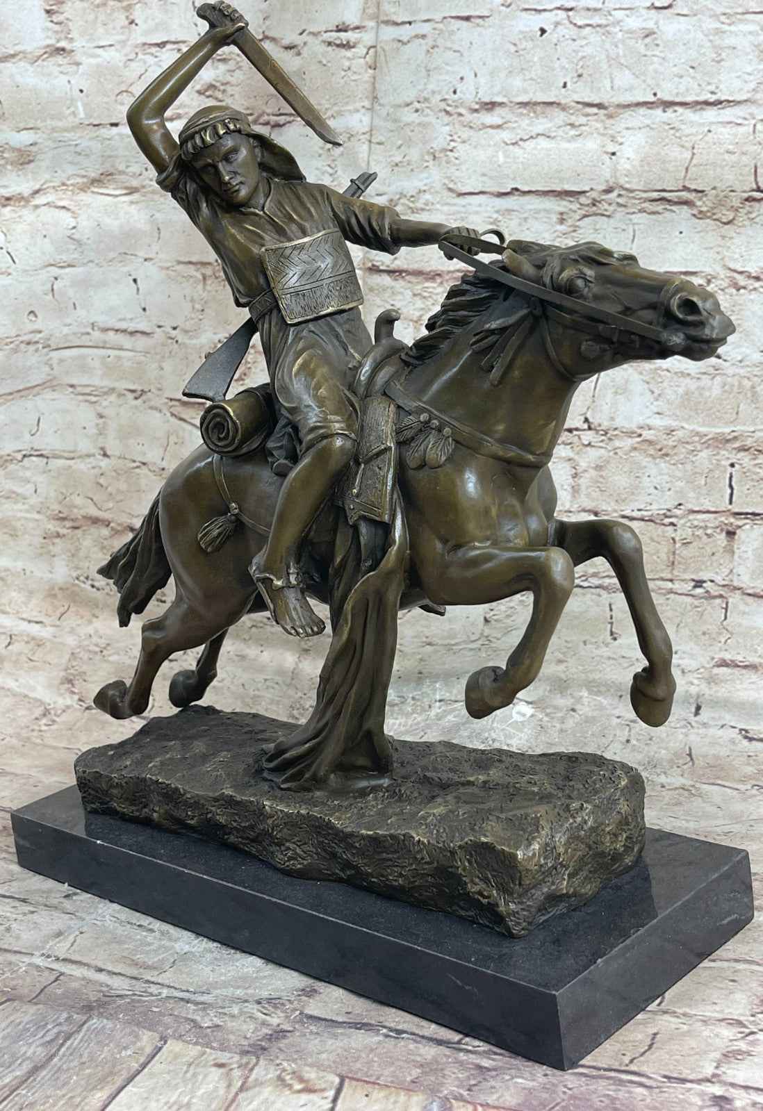 Arabian Arab Warrior on Horseback Bronze Statue Sculpture Figure on Marble Base