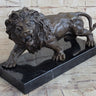 Bronze Sculpture Angry Hungry Male Lion Marble Base Figurine Art Deco Figure
