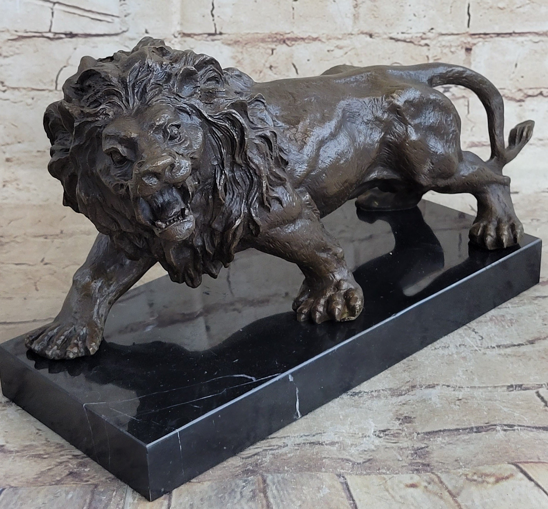 Bronze Sculpture Angry Hungry Male Lion Marble Base Figurine Art Deco Figure