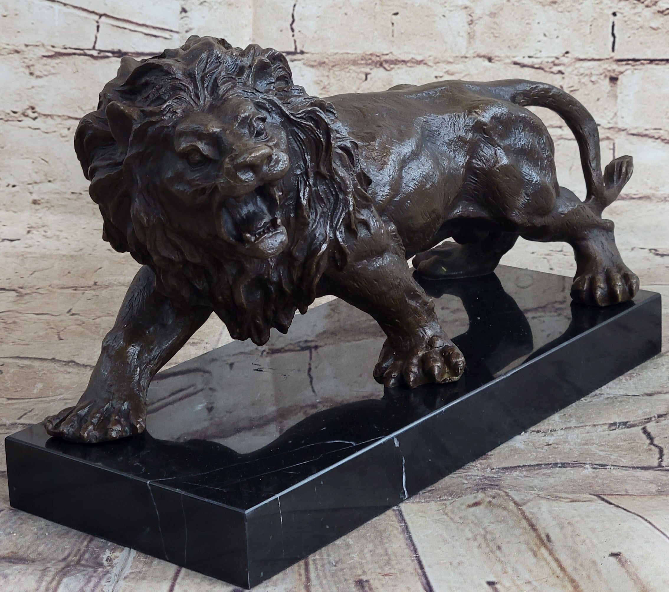 Bronze Sculpture Angry Hungry Male Lion Marble Base Figurine Art Deco Figure