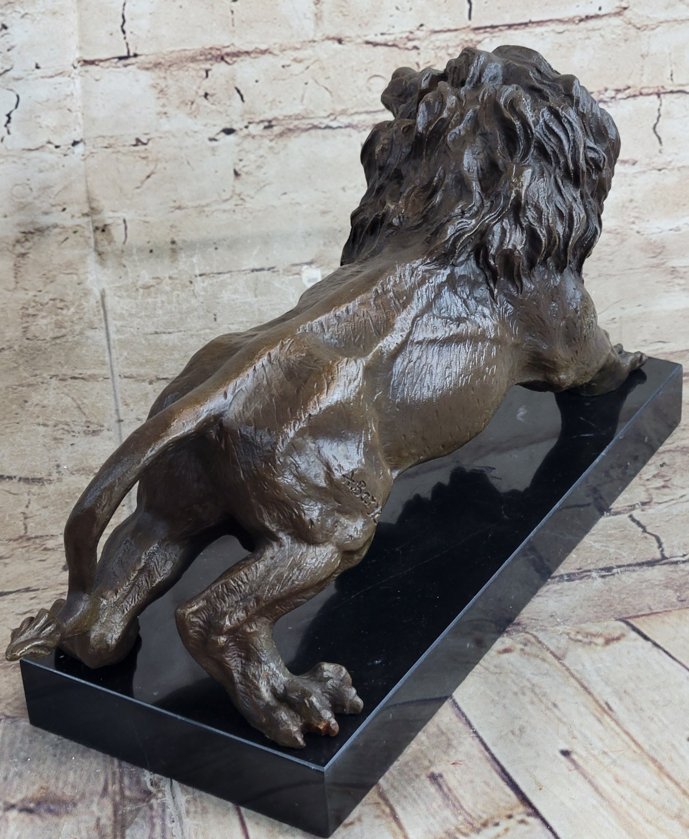 Bronze Sculpture Angry Hungry Male Lion Marble Base Figurine Art Deco Figure