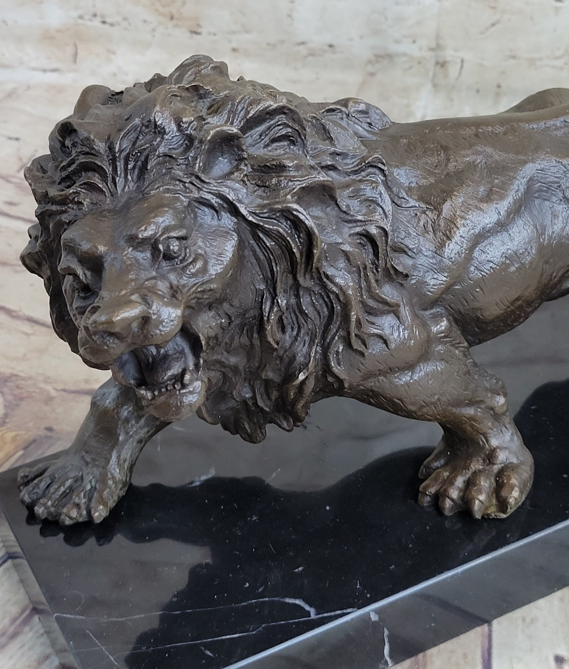 Bronze Sculpture Angry Hungry Male Lion Marble Base Figurine Art Deco Figure