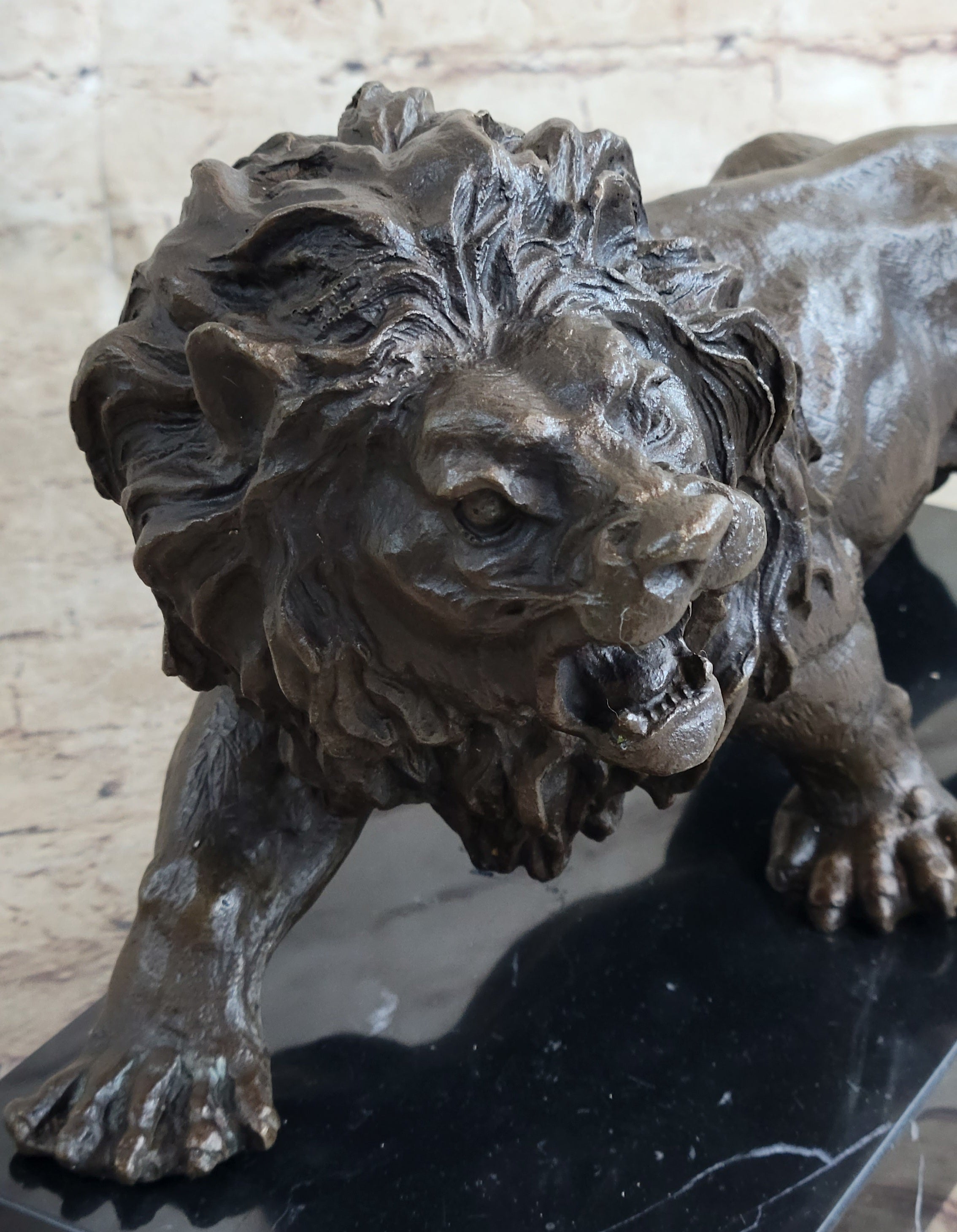 Bronze Sculpture Angry Hungry Male Lion Marble Base Figurine Art Deco Figure