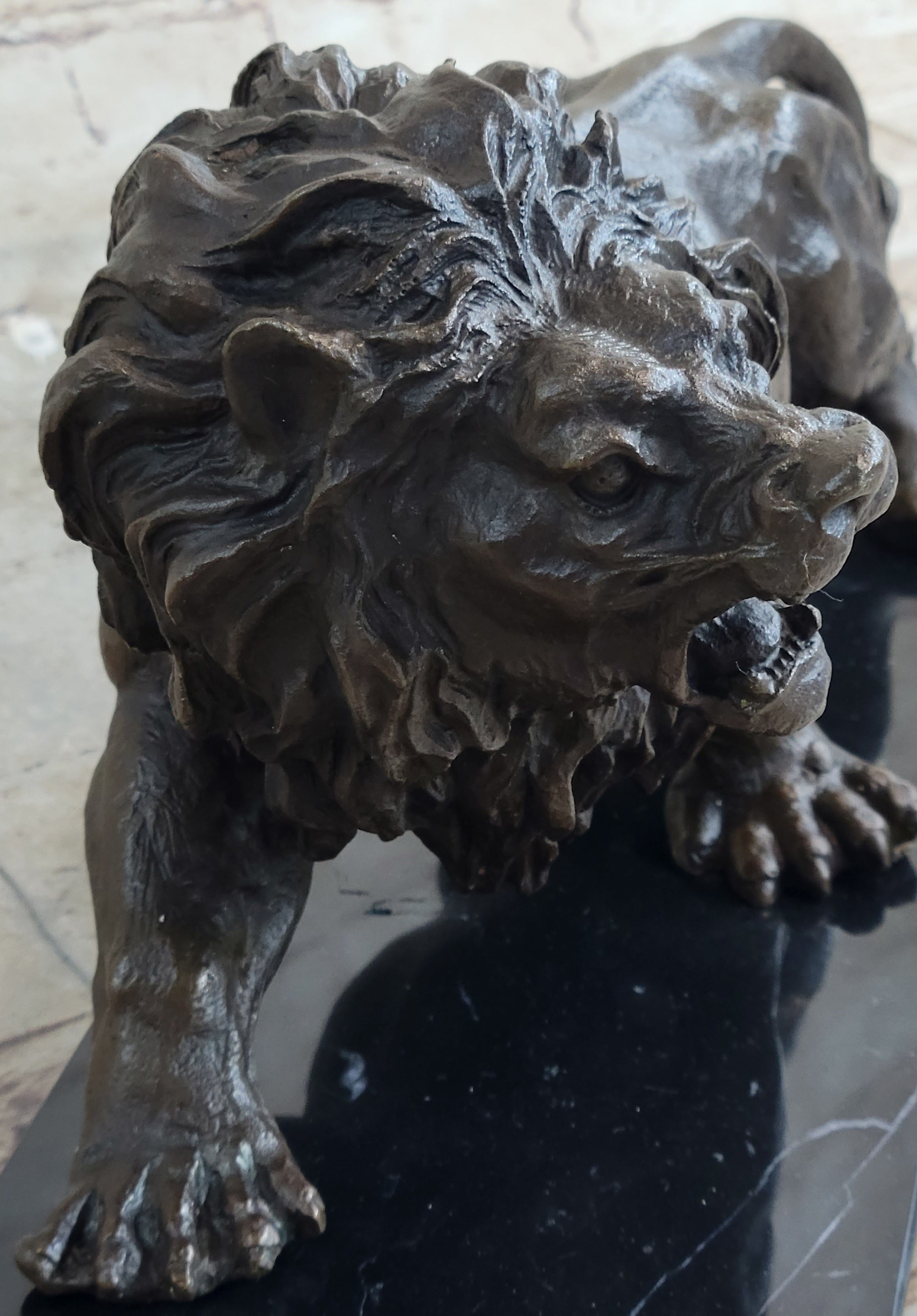 Bronze Sculpture Angry Hungry Male Lion Marble Base Figurine Art Deco Figure