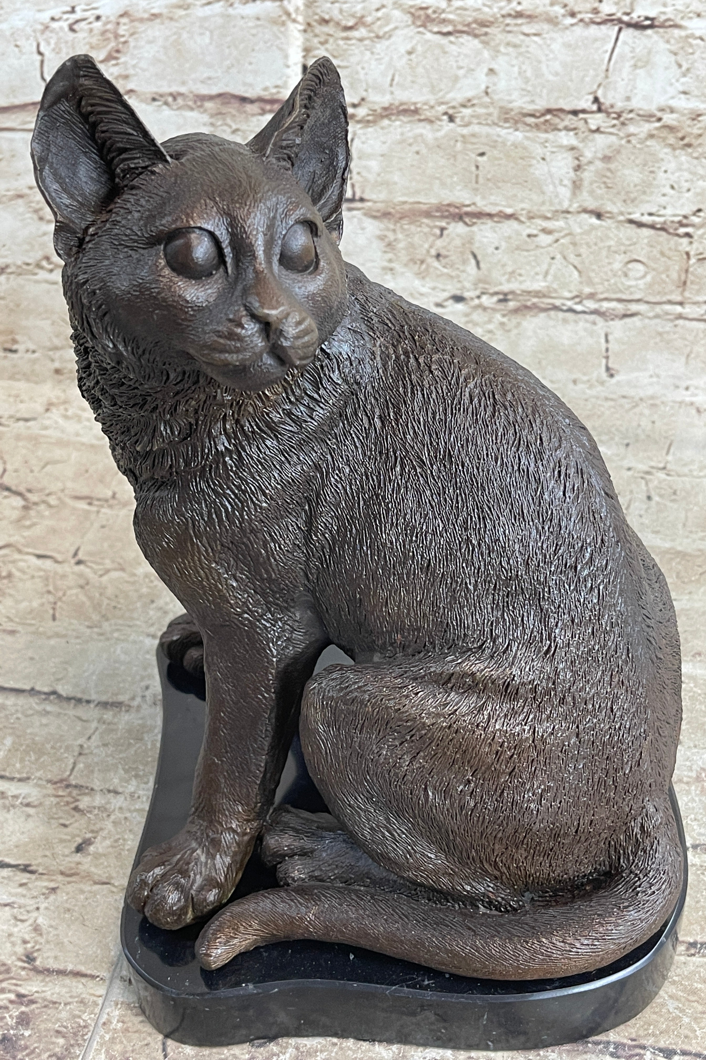 Signed Original Friendly Cat Feline Bronze Art Deco Marble Base Sculpture Figure