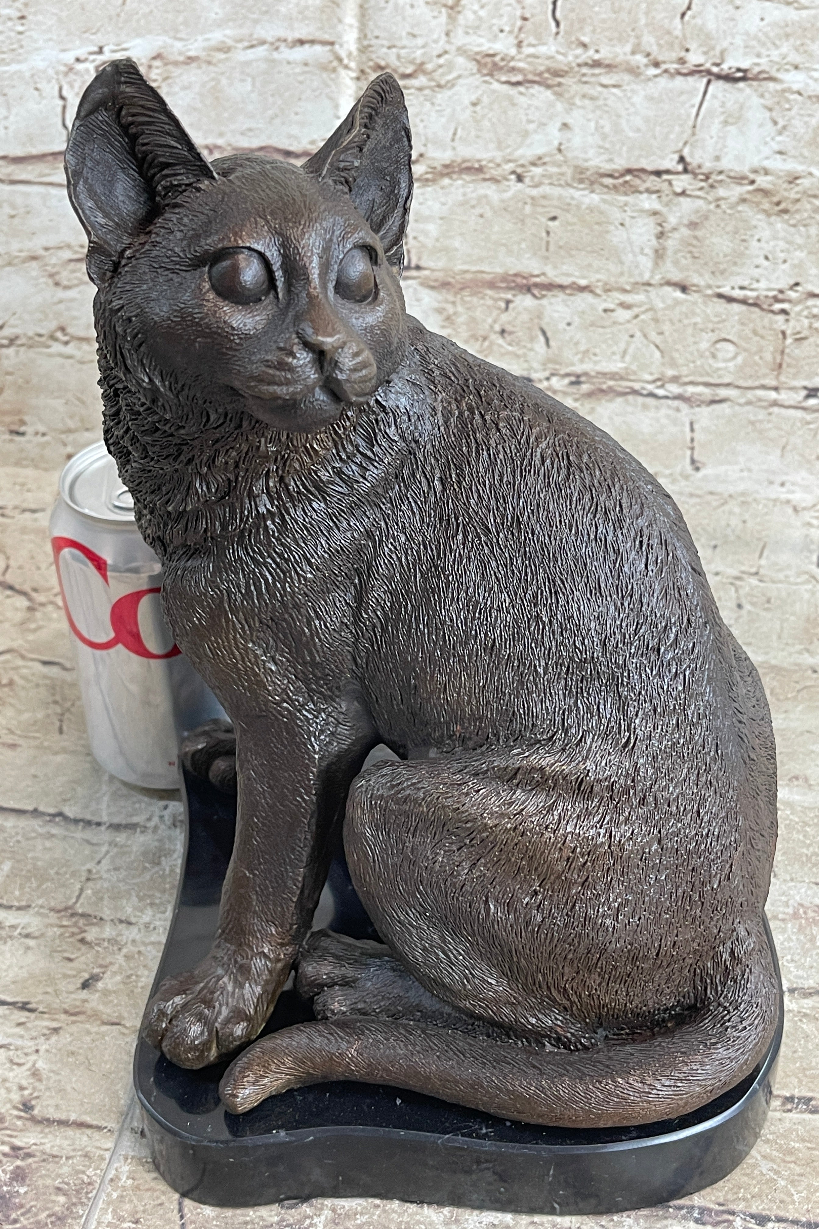 Signed Original Friendly Cat Feline Bronze Art Deco Marble Base Sculpture Figure