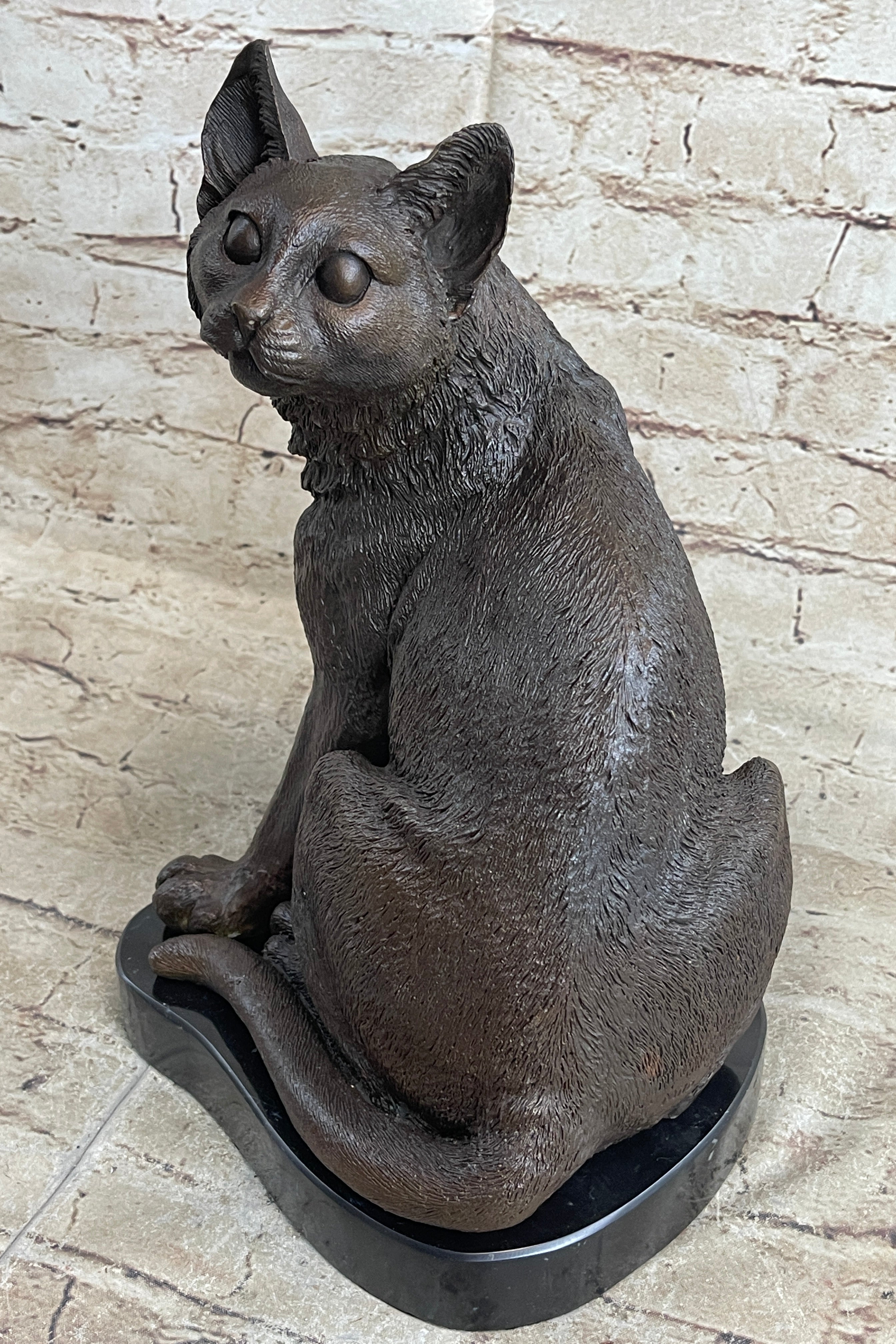 Signed Original Friendly Cat Feline Bronze Art Deco Marble Base Sculpture Figure