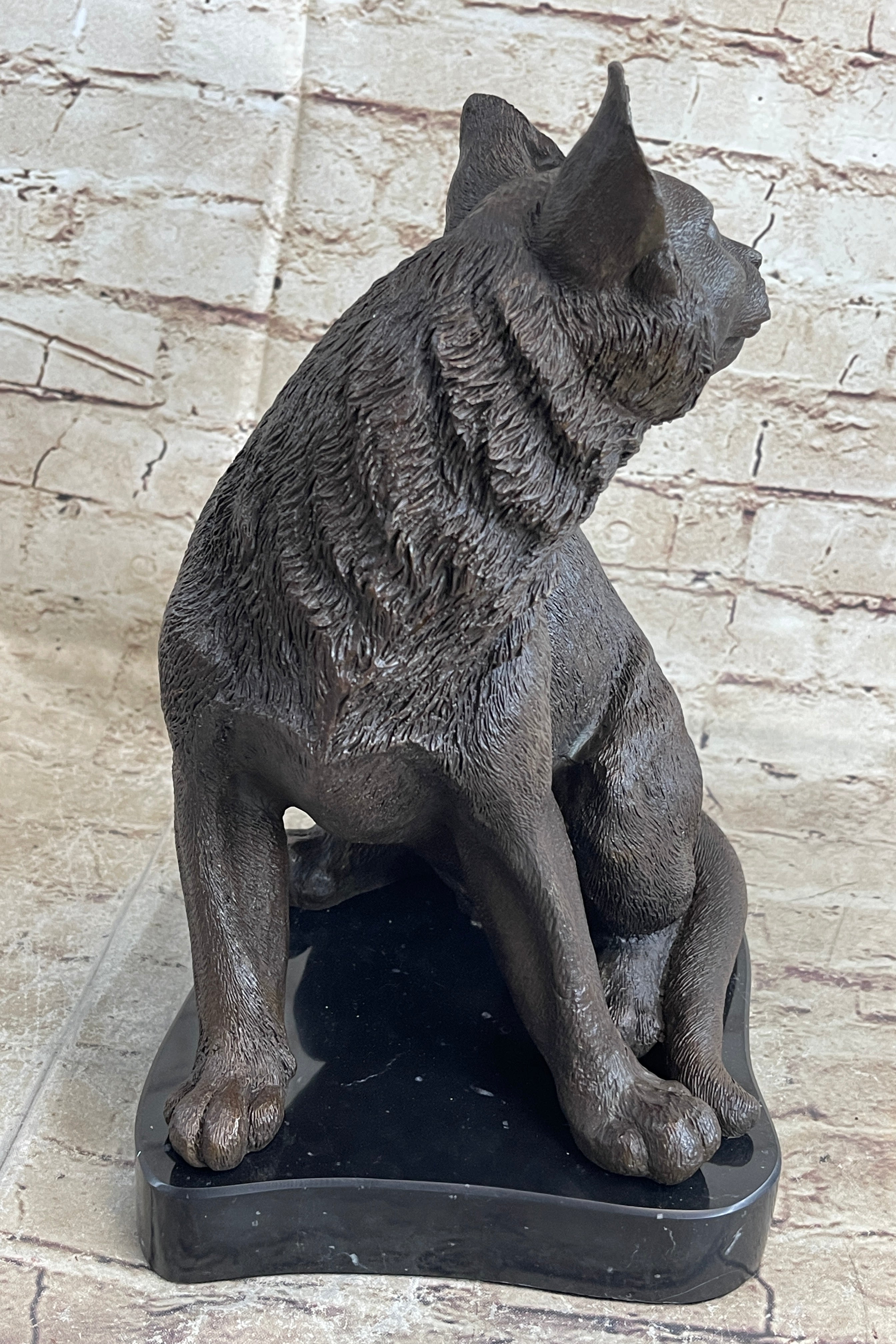Signed Original Friendly Cat Feline Bronze Art Deco Marble Base Sculpture Figure