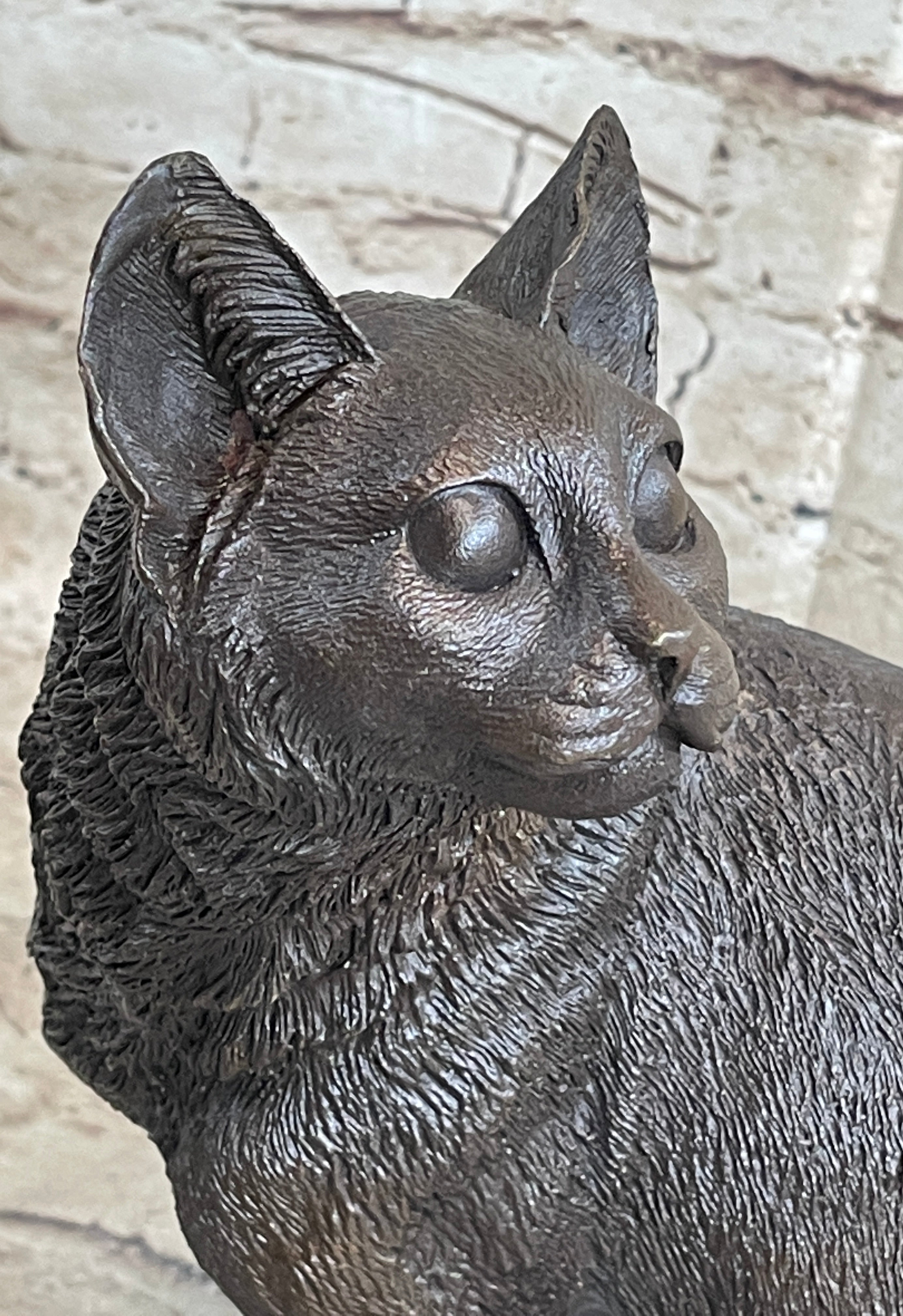 Signed Original Friendly Cat Feline Bronze Art Deco Marble Base Sculpture Figure
