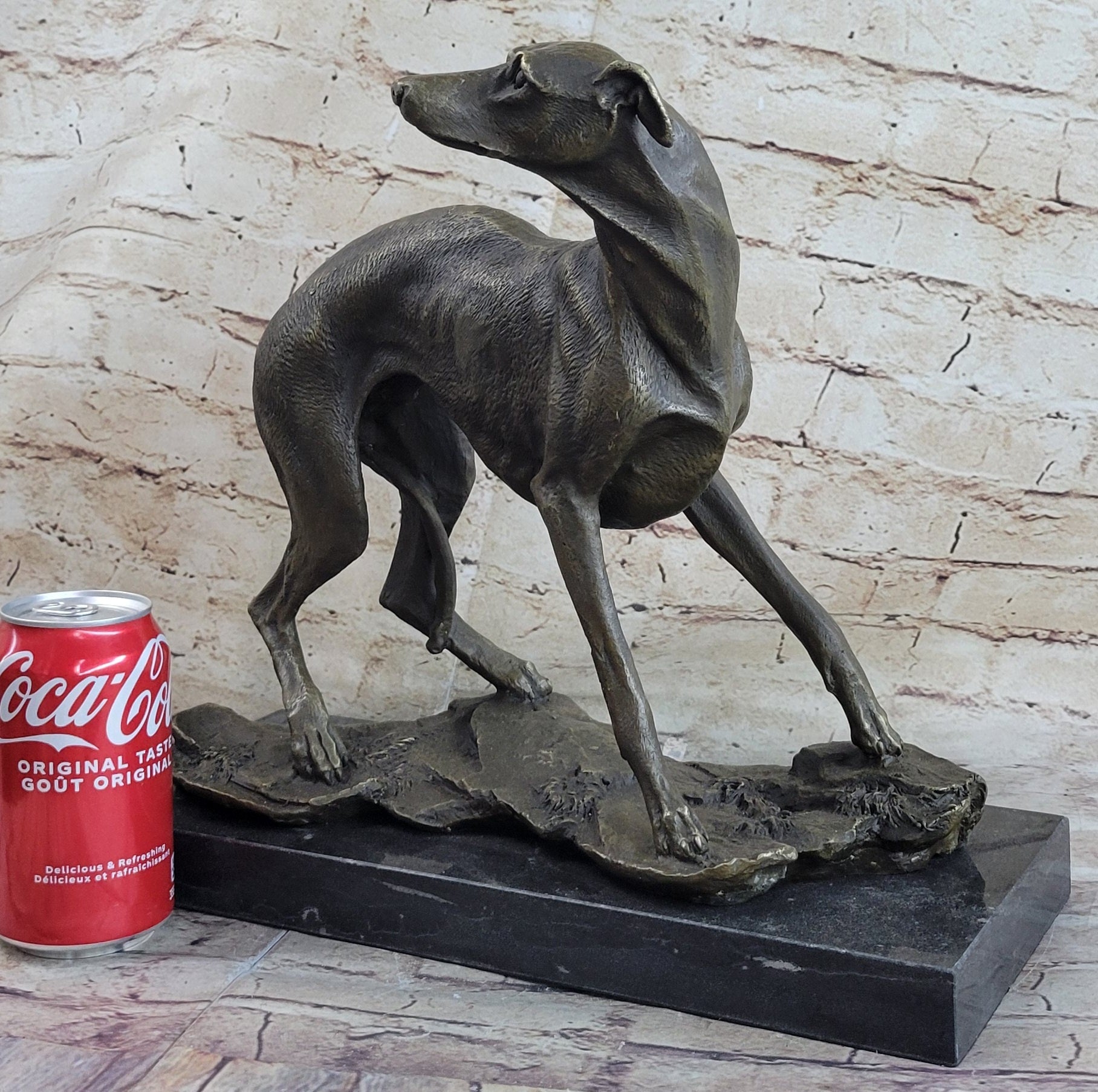 Greyhound Whippet Slender Dog Bronze Metal Sculpture Statue Figure on Marble Base