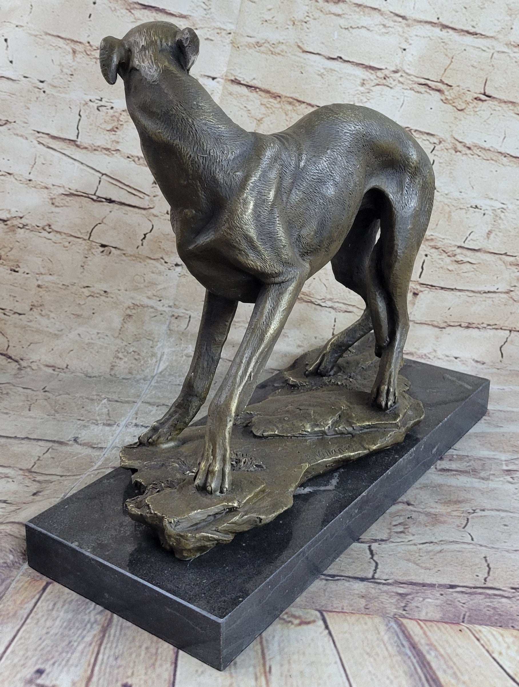 Greyhound Whippet Slender Dog Bronze Metal Sculpture Statue Figure on Marble Base