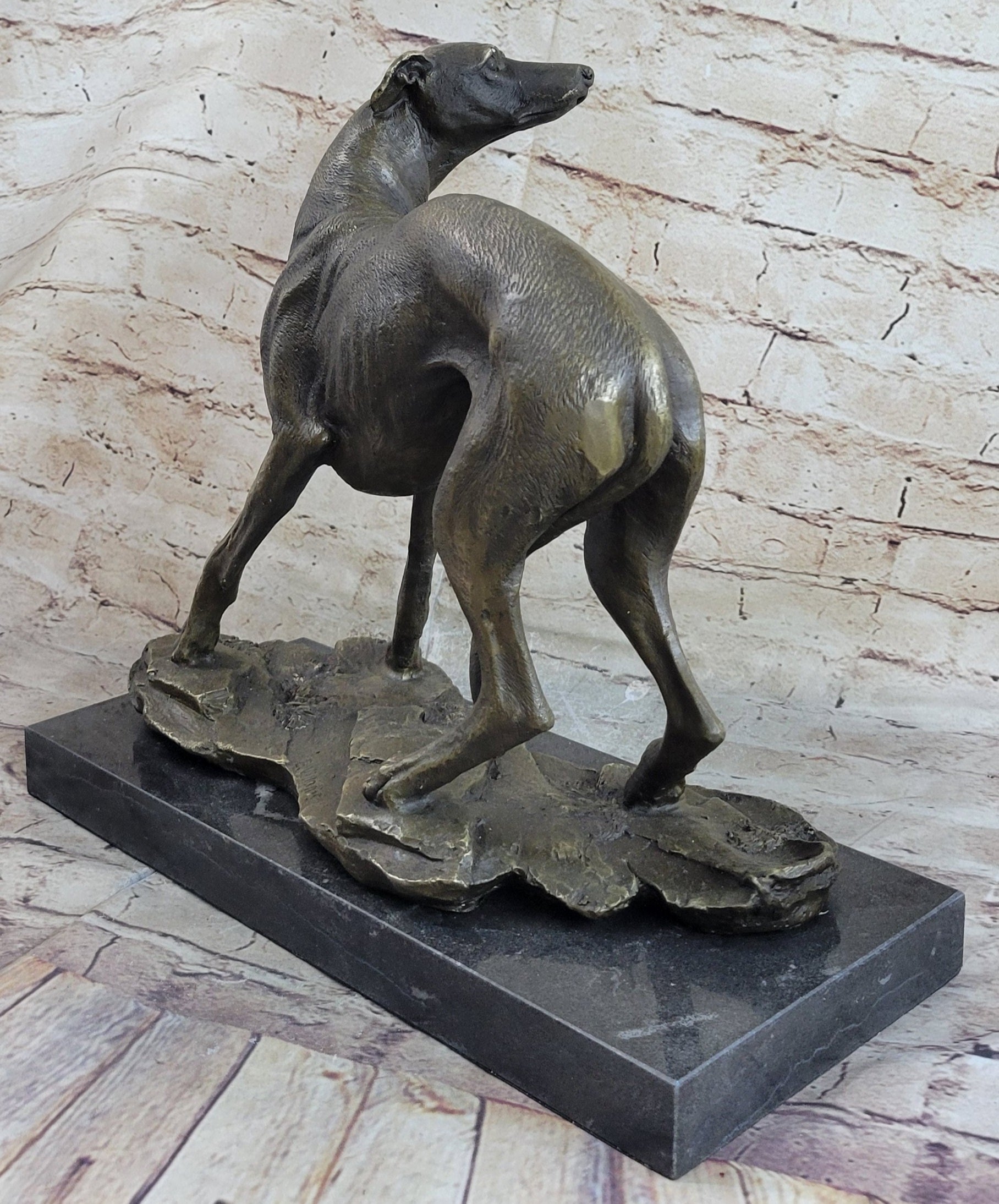 Greyhound Whippet Slender Dog Bronze Metal Sculpture Statue Figure on Marble Base