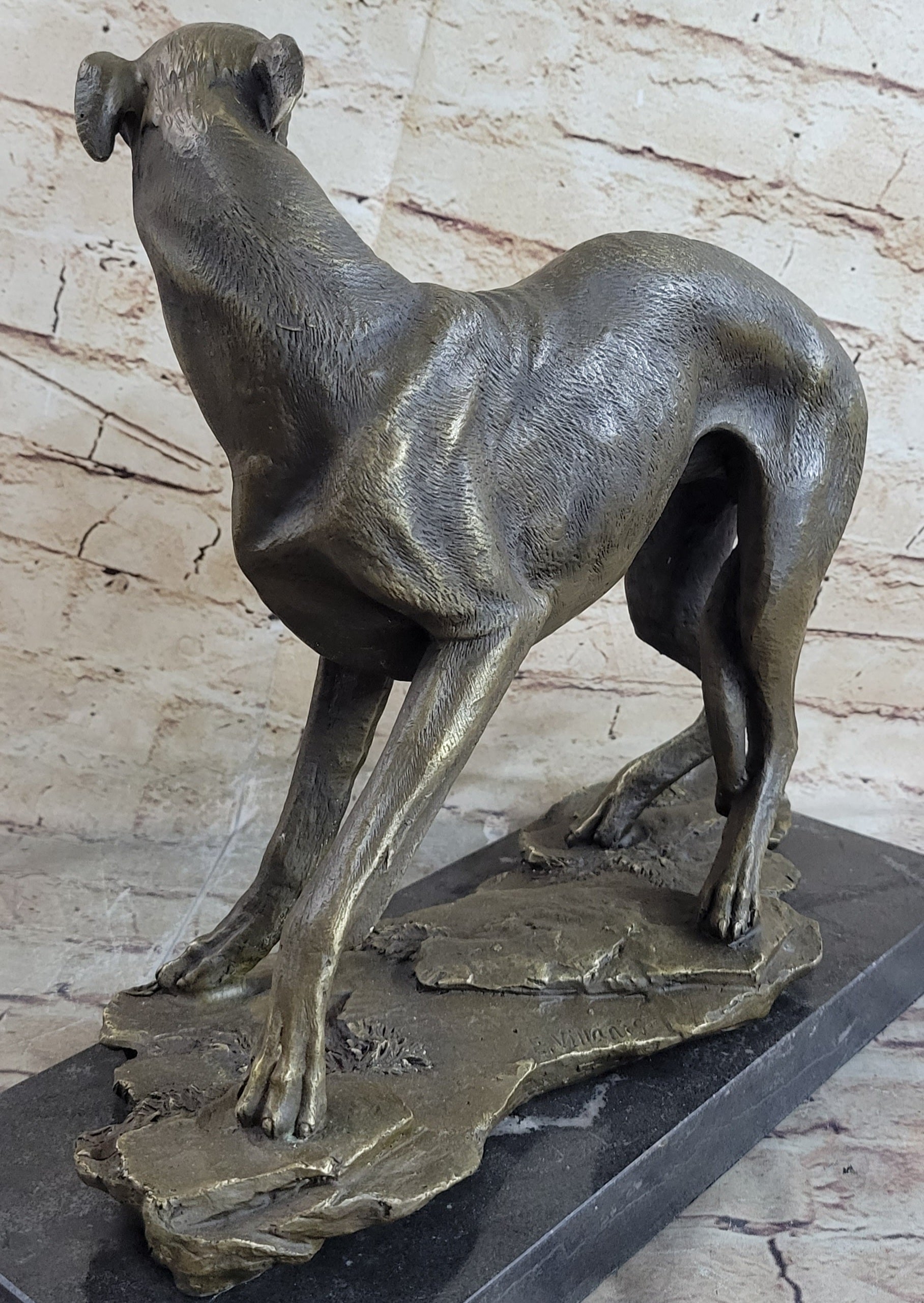 Greyhound Whippet Slender Dog Bronze Metal Sculpture Statue Figure on Marble Base