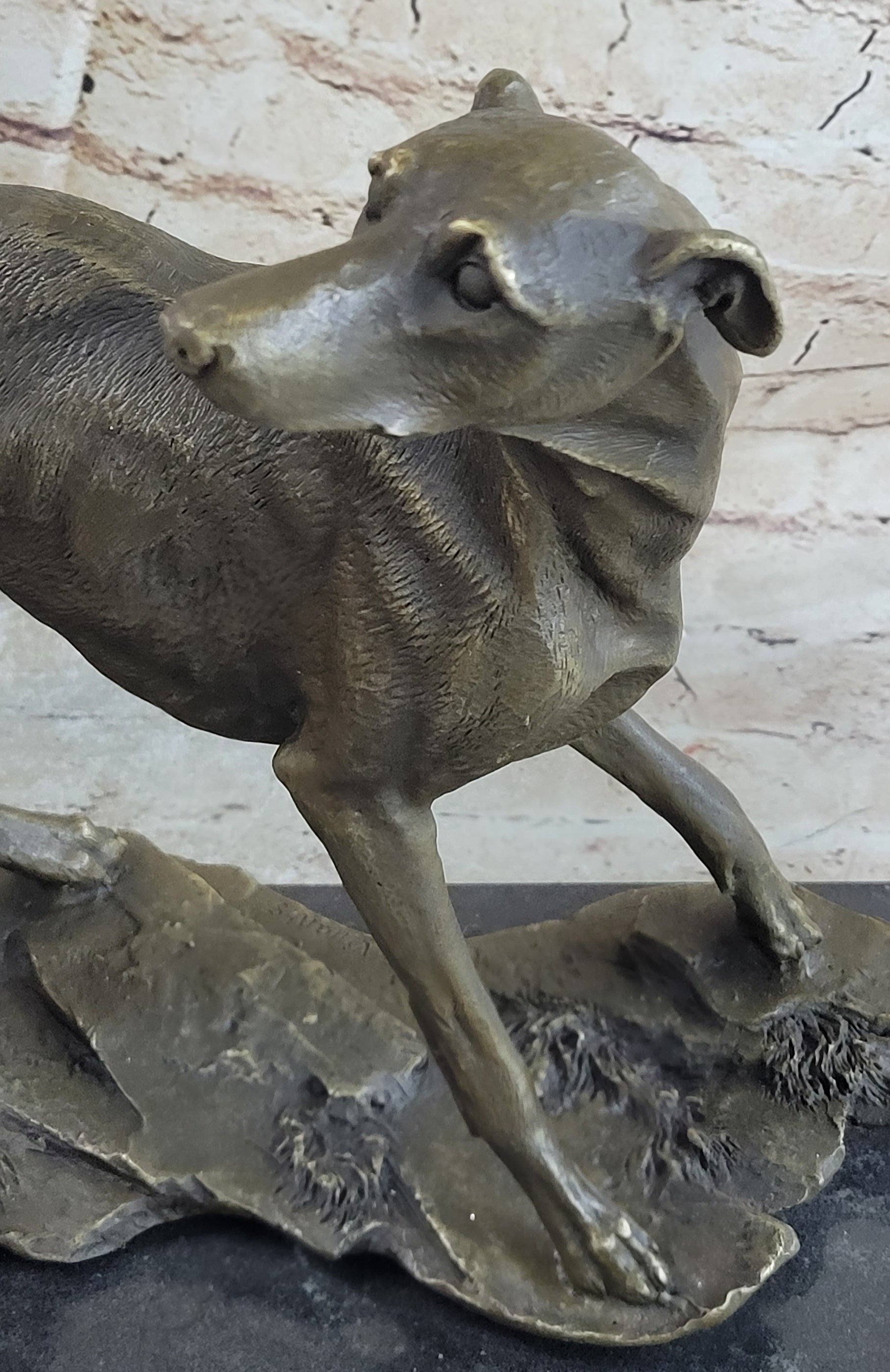 Greyhound Whippet Slender Dog Bronze Metal Sculpture Statue Figure on Marble Base