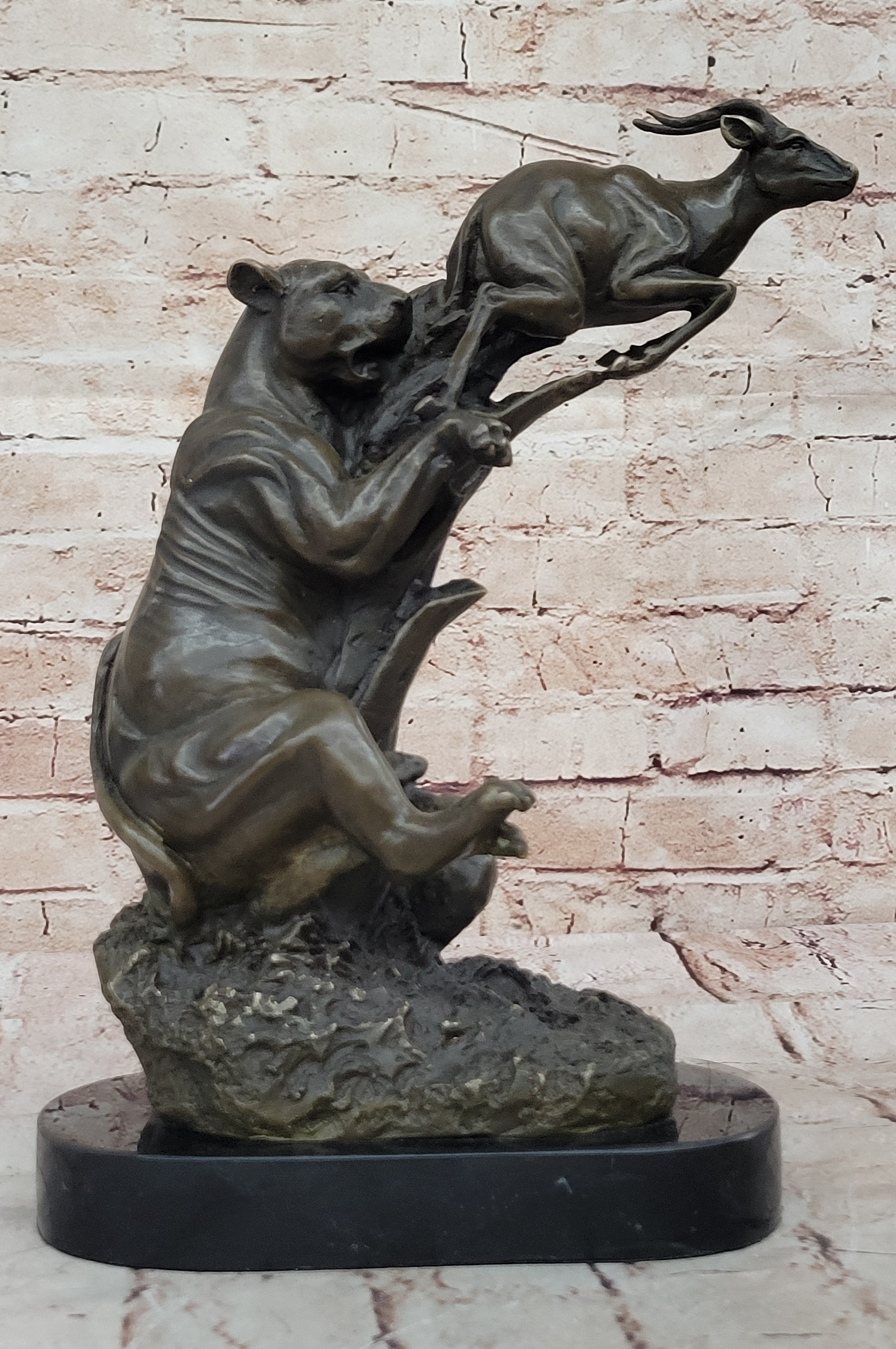 Bronze Statue Sculpture of Lion Hunting Gazelle Impala Handmade Art Decor Safari