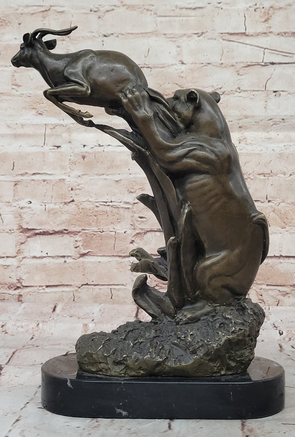 Bronze Statue Sculpture of Lion Hunting Gazelle Impala Handmade Art Decor Safari