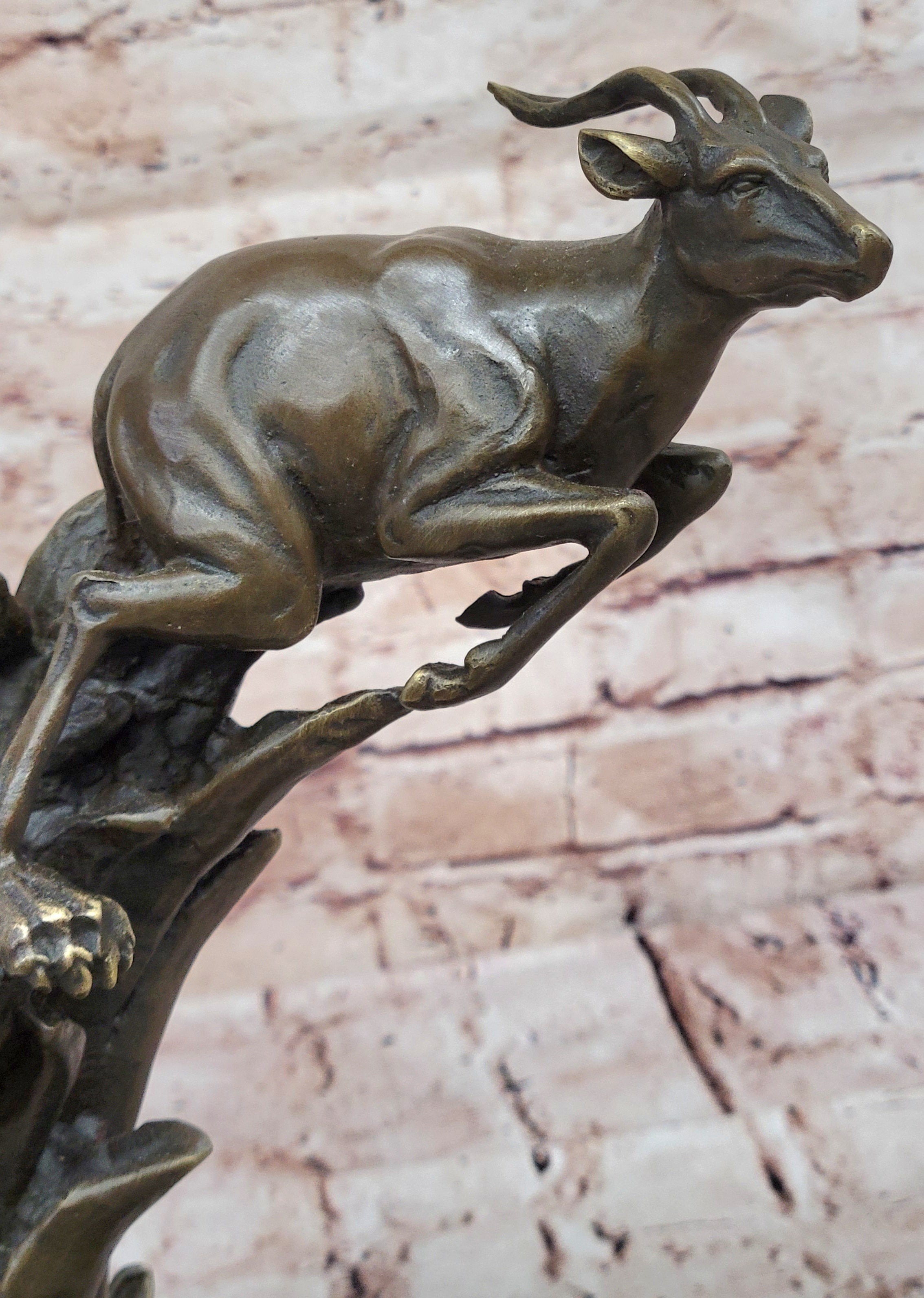 Bronze Statue Sculpture of Lion Hunting Gazelle Impala Handmade Art Decor Safari