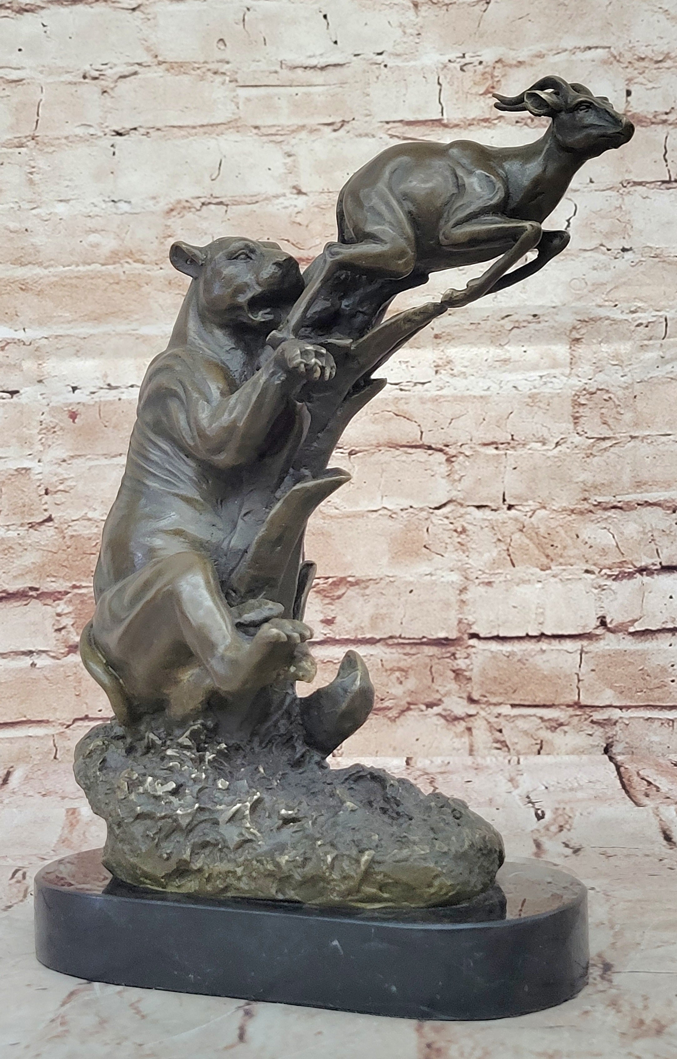 Bronze Statue Sculpture of Lion Hunting Gazelle Impala Handmade Art Decor Safari