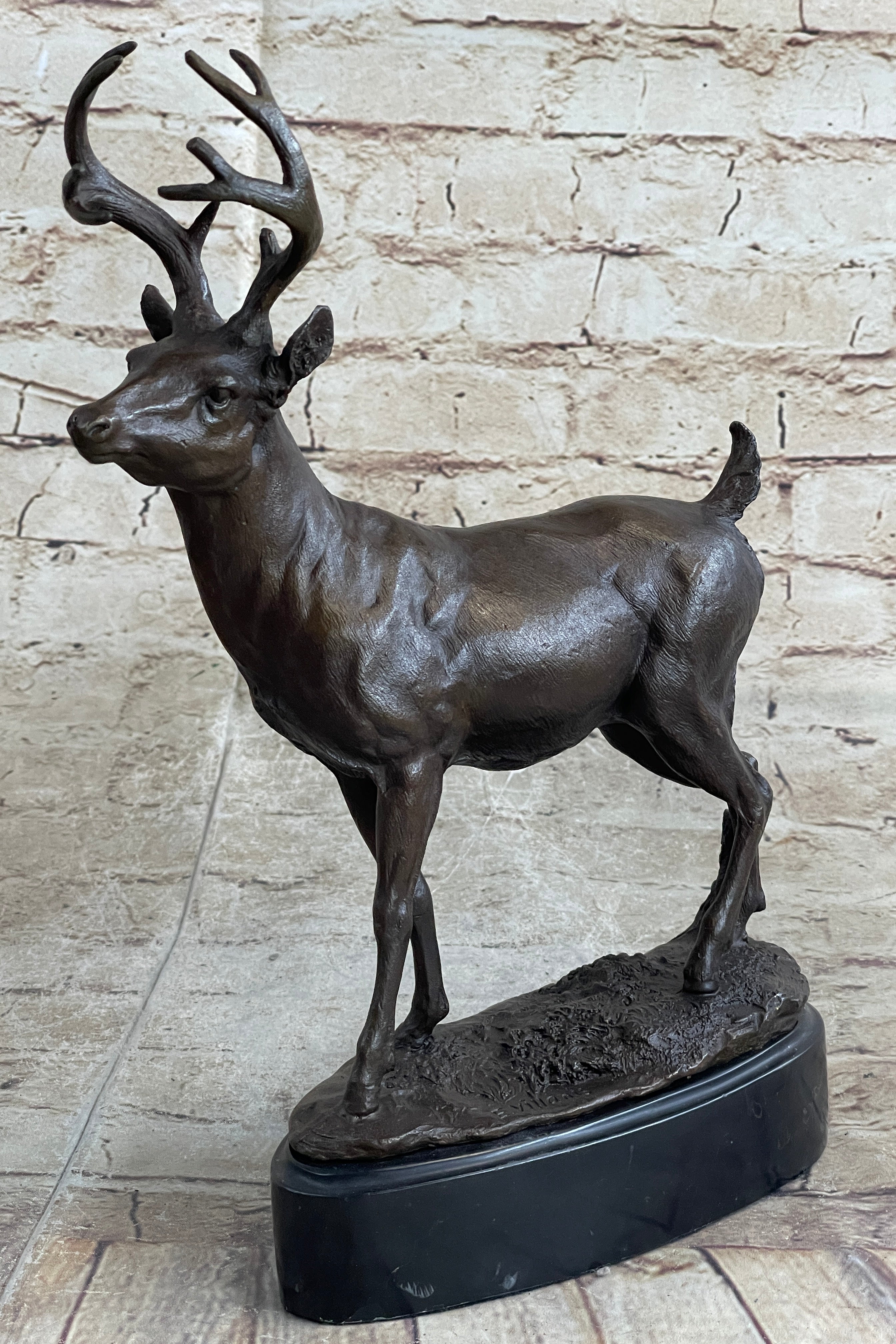 Signed Villanis Male Deer Buck Hunting Bronze Sculpture Marble Figurine Figure