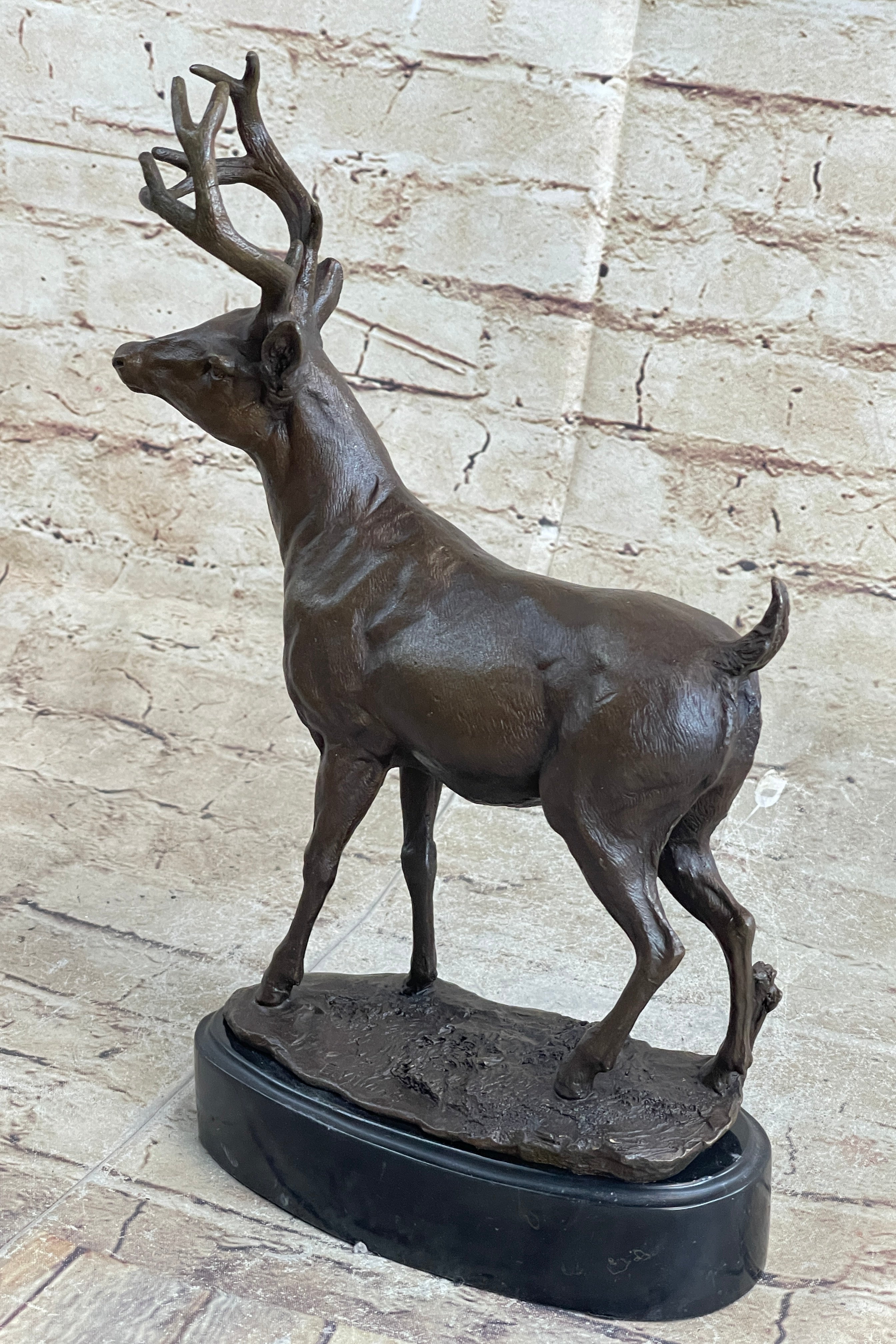 Signed Villanis Male Deer Buck Hunting Bronze Sculpture Marble Figurine Figure