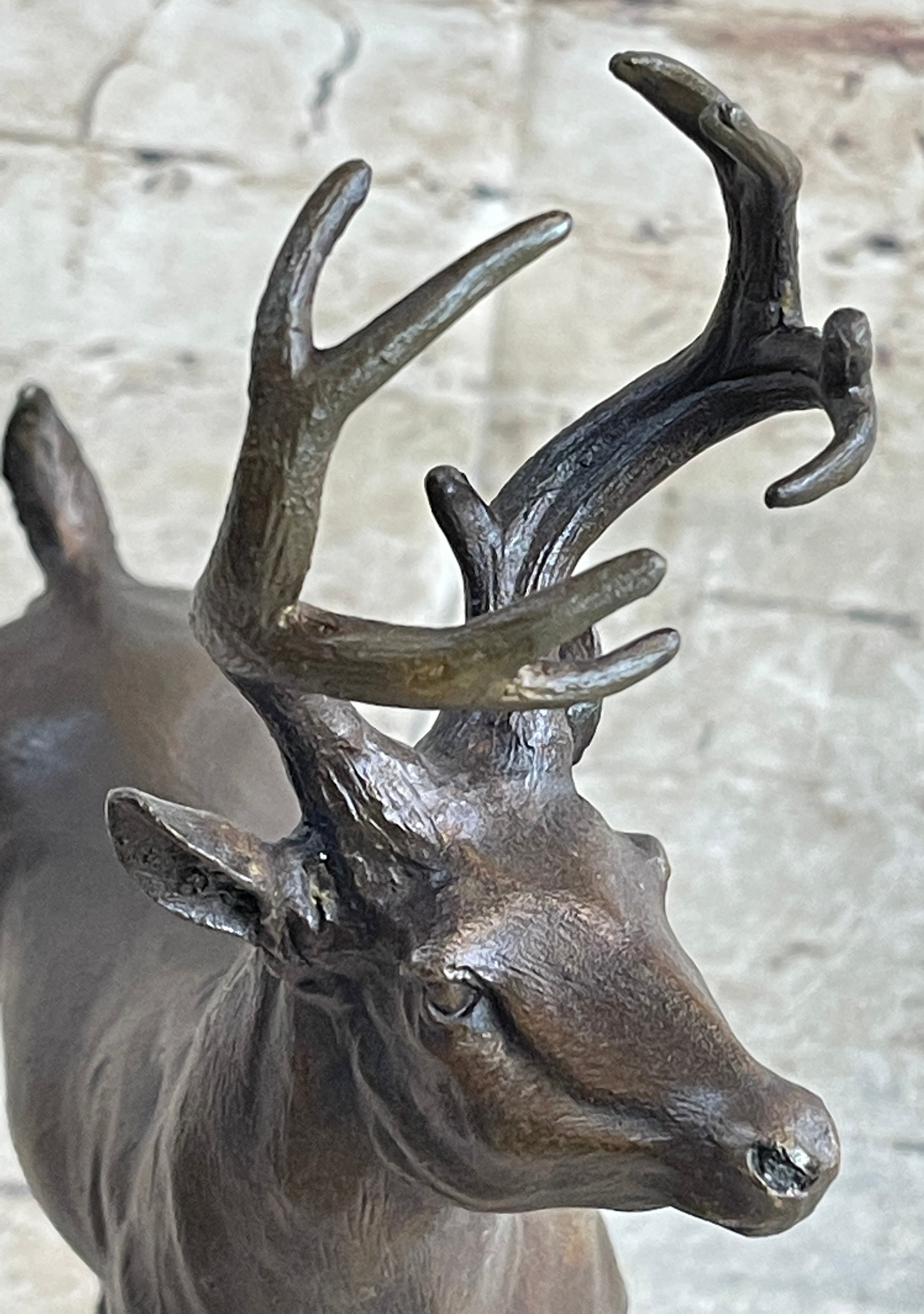Signed Villanis Male Deer Buck Hunting Bronze Sculpture Marble Figurine Figure