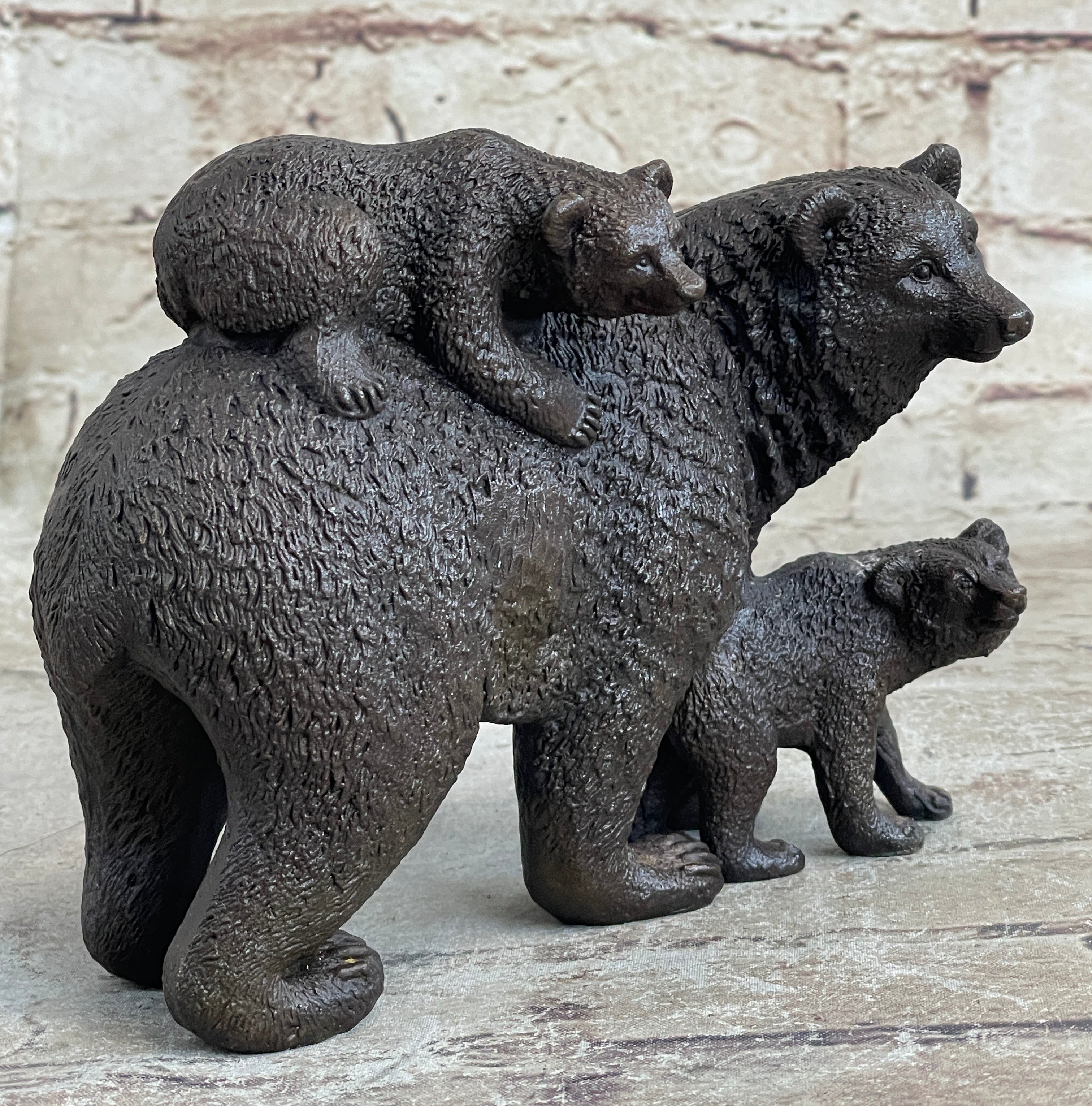 Signed Original Happy Grizzly Bear Family Bronze Sculpture Art Deco Figure Decor