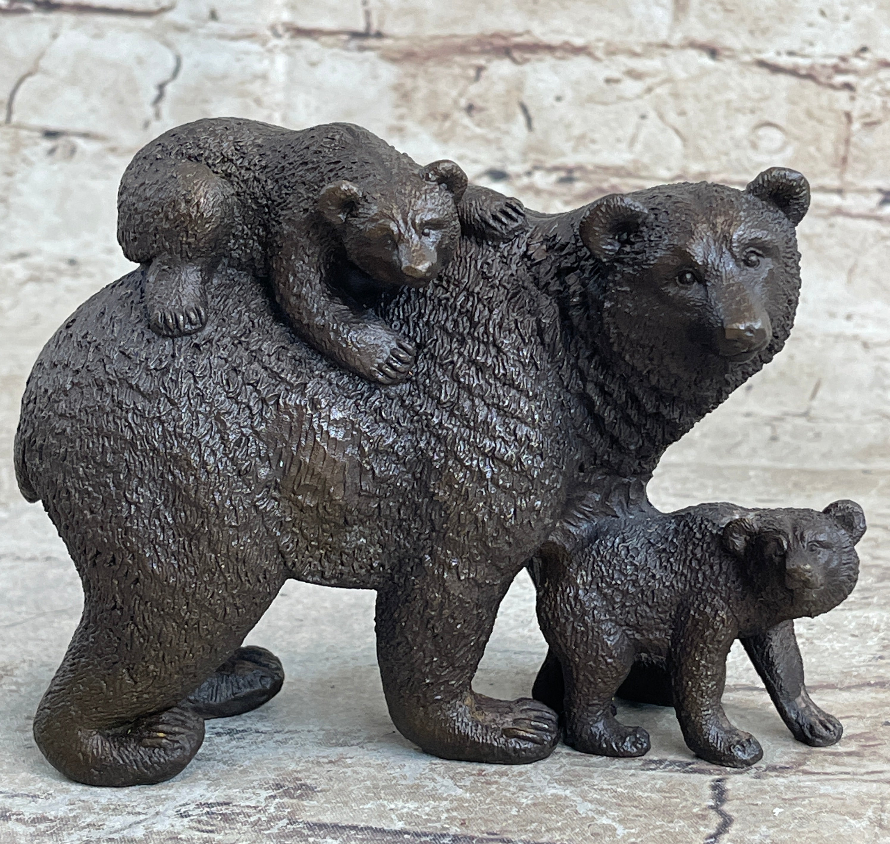Signed Original Happy Grizzly Bear Family Bronze Sculpture Art Deco Figure Decor