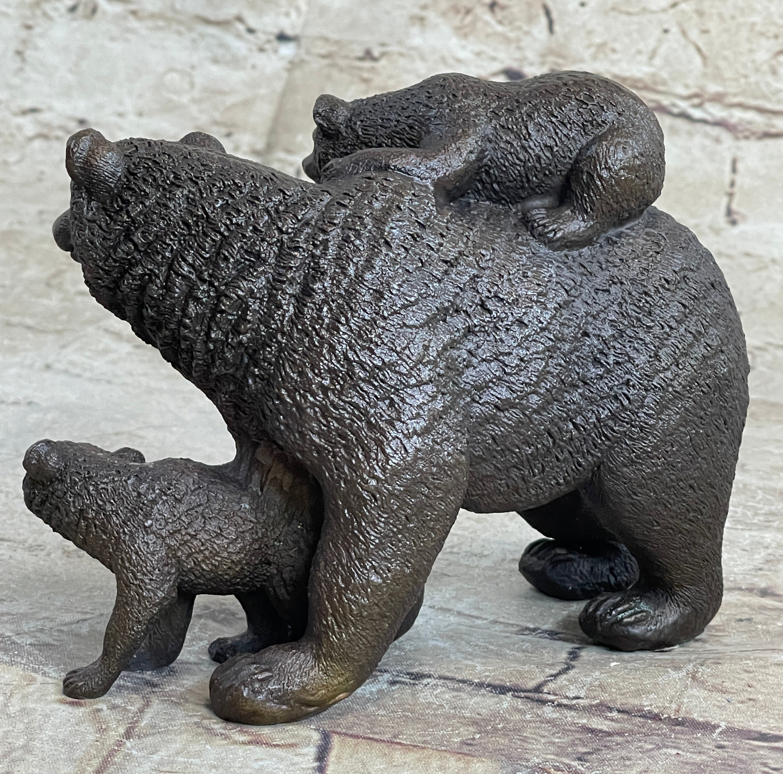 Signed Original Happy Grizzly Bear Family Bronze Sculpture Art Deco Figure Decor