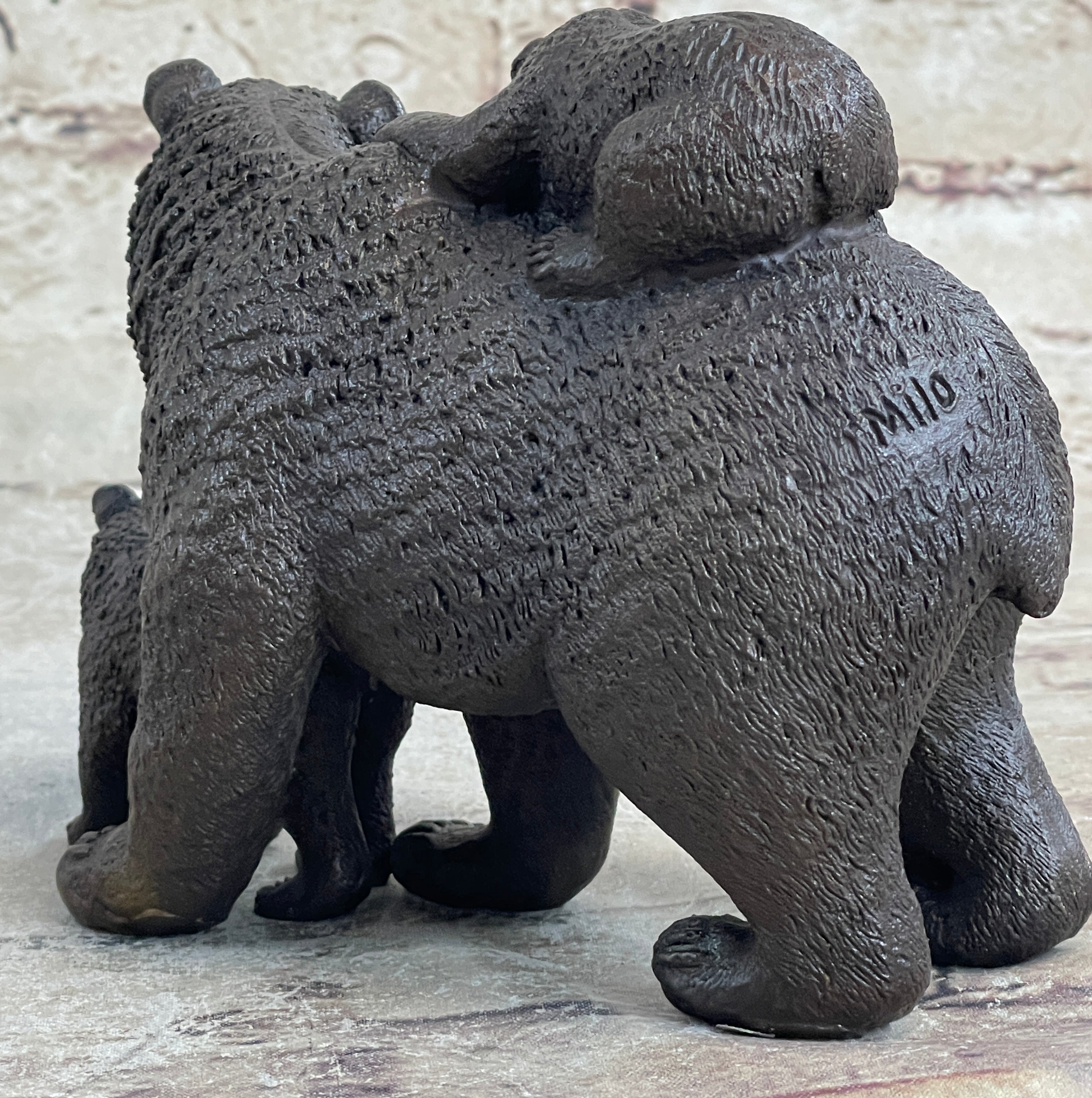 Signed Original Happy Grizzly Bear Family Bronze Sculpture Art Deco Figure Decor