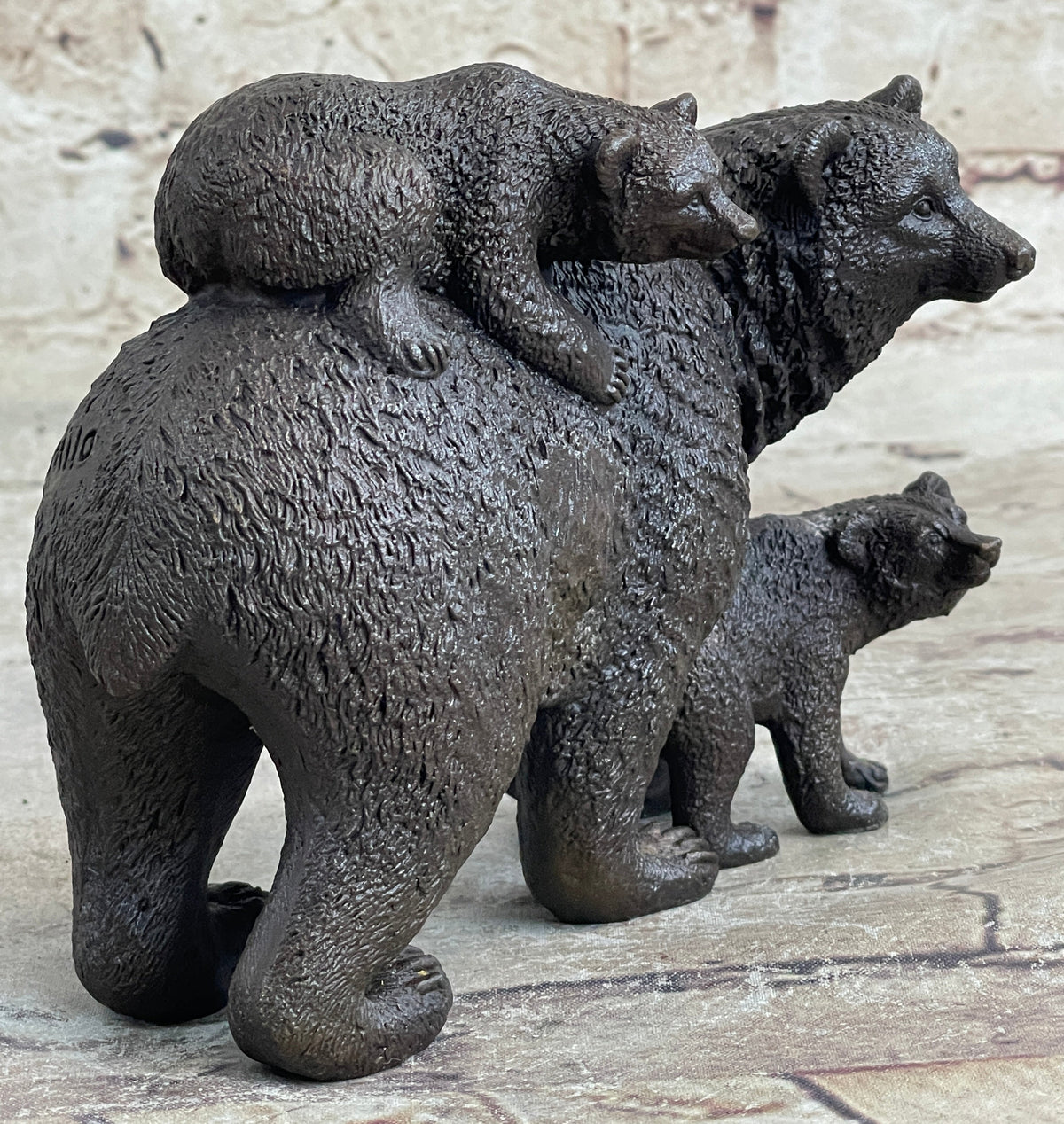 Signed Original Happy Grizzly Bear Family Bronze Sculpture Art Deco Figure Decor