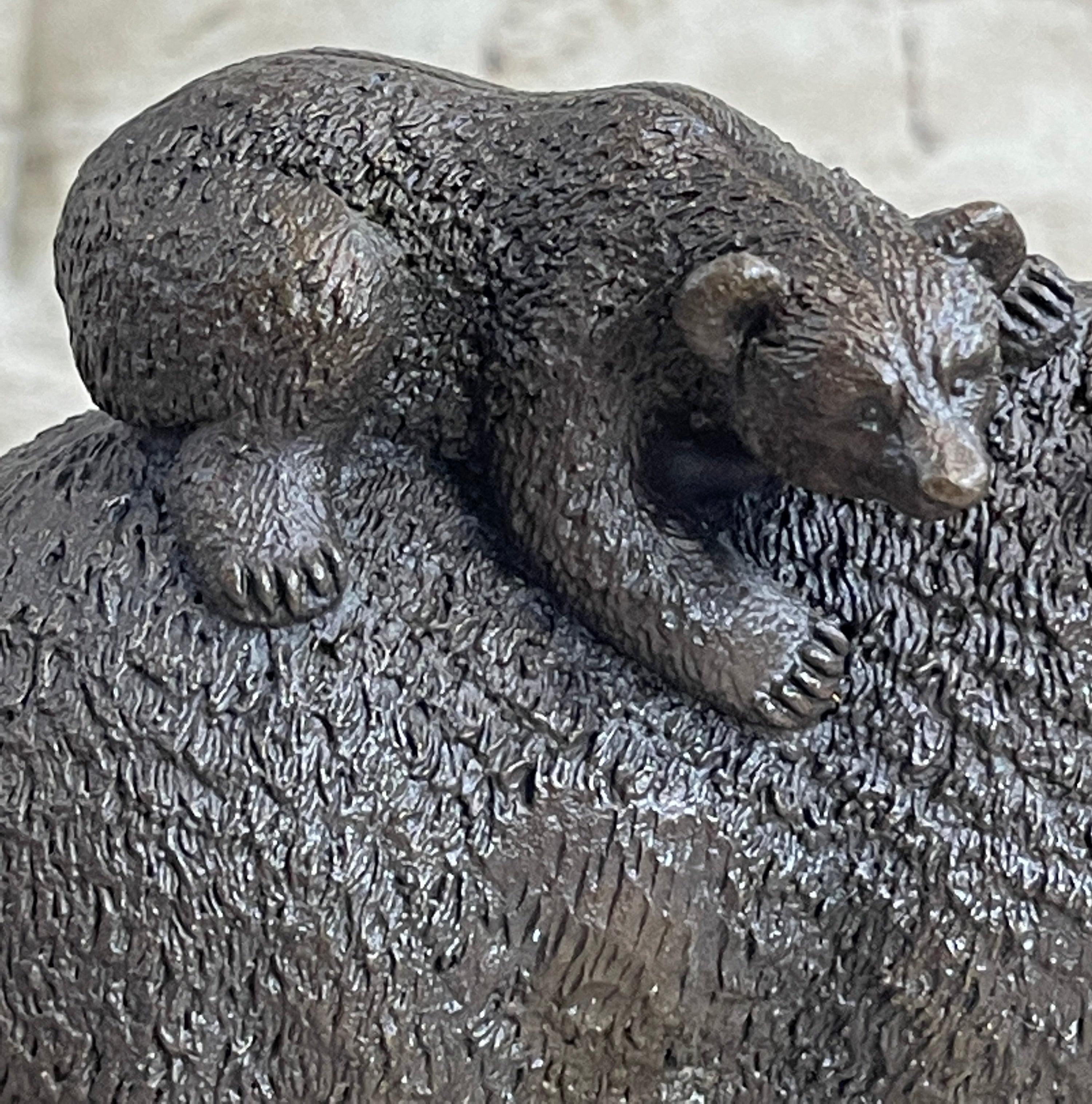 Signed Original Happy Grizzly Bear Family Bronze Sculpture Art Deco Figure Decor
