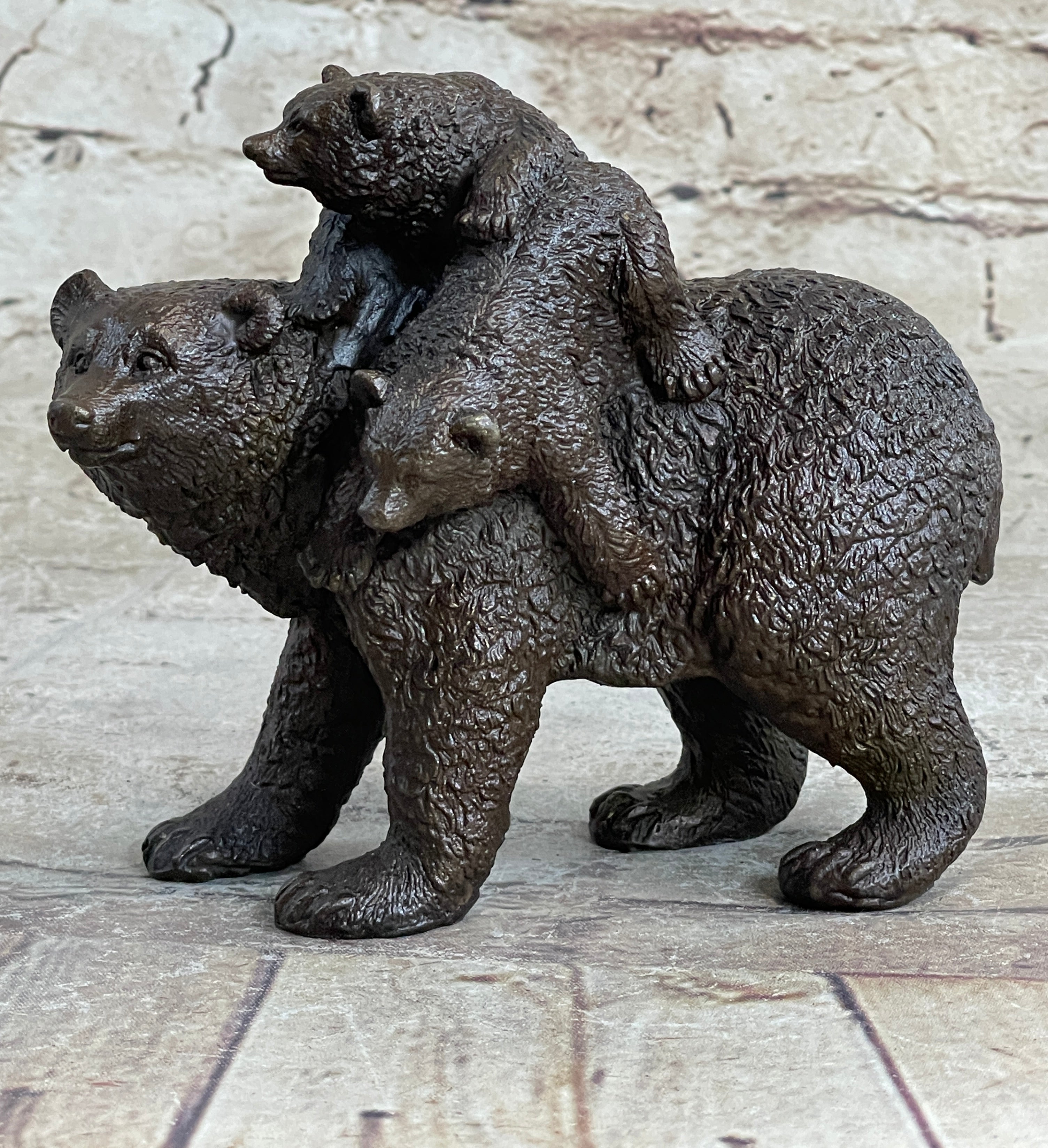 Young Cubs on back Mother Bear 100% Solid Bronze Statue Sculpture Figurine