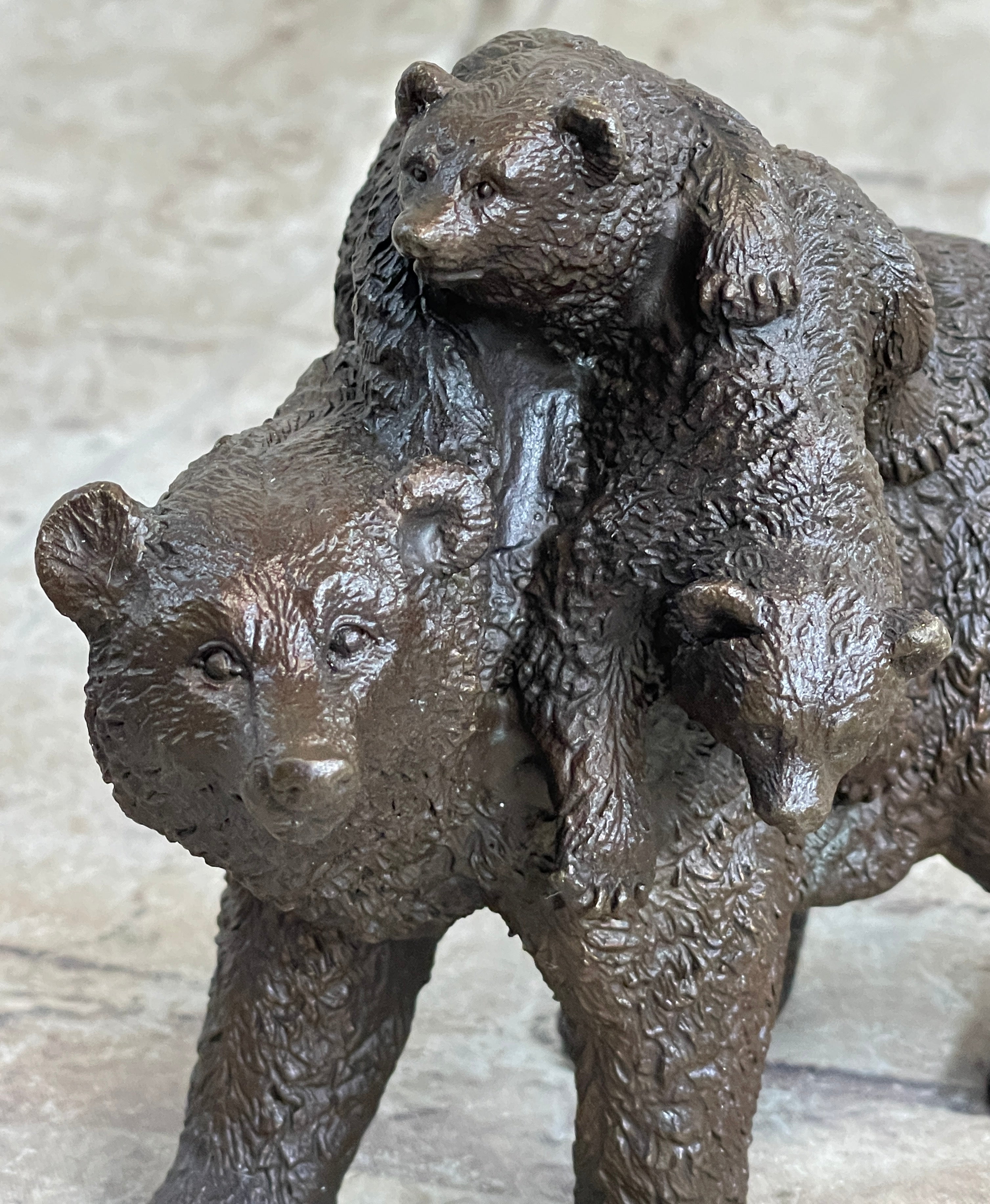 Young Cubs on back Mother Bear 100% Solid Bronze Statue Sculpture Figurine