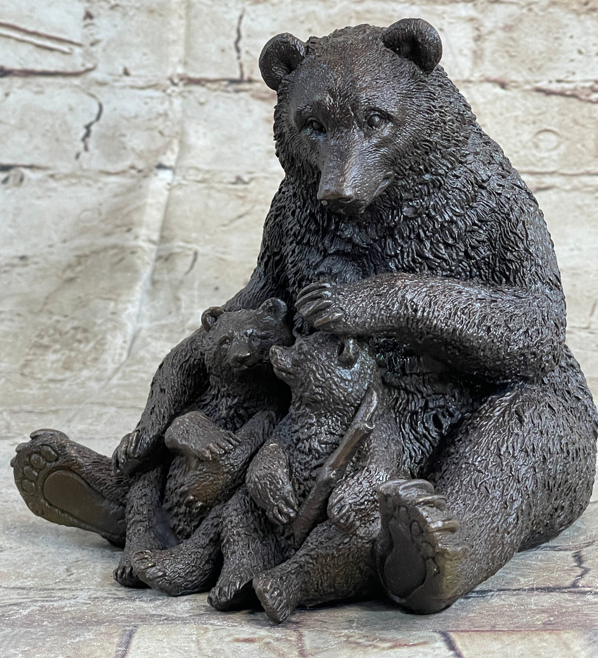 Mama Bear with Cubs Family of Bears Bronze Metal Figurine Sculpture Signed Art