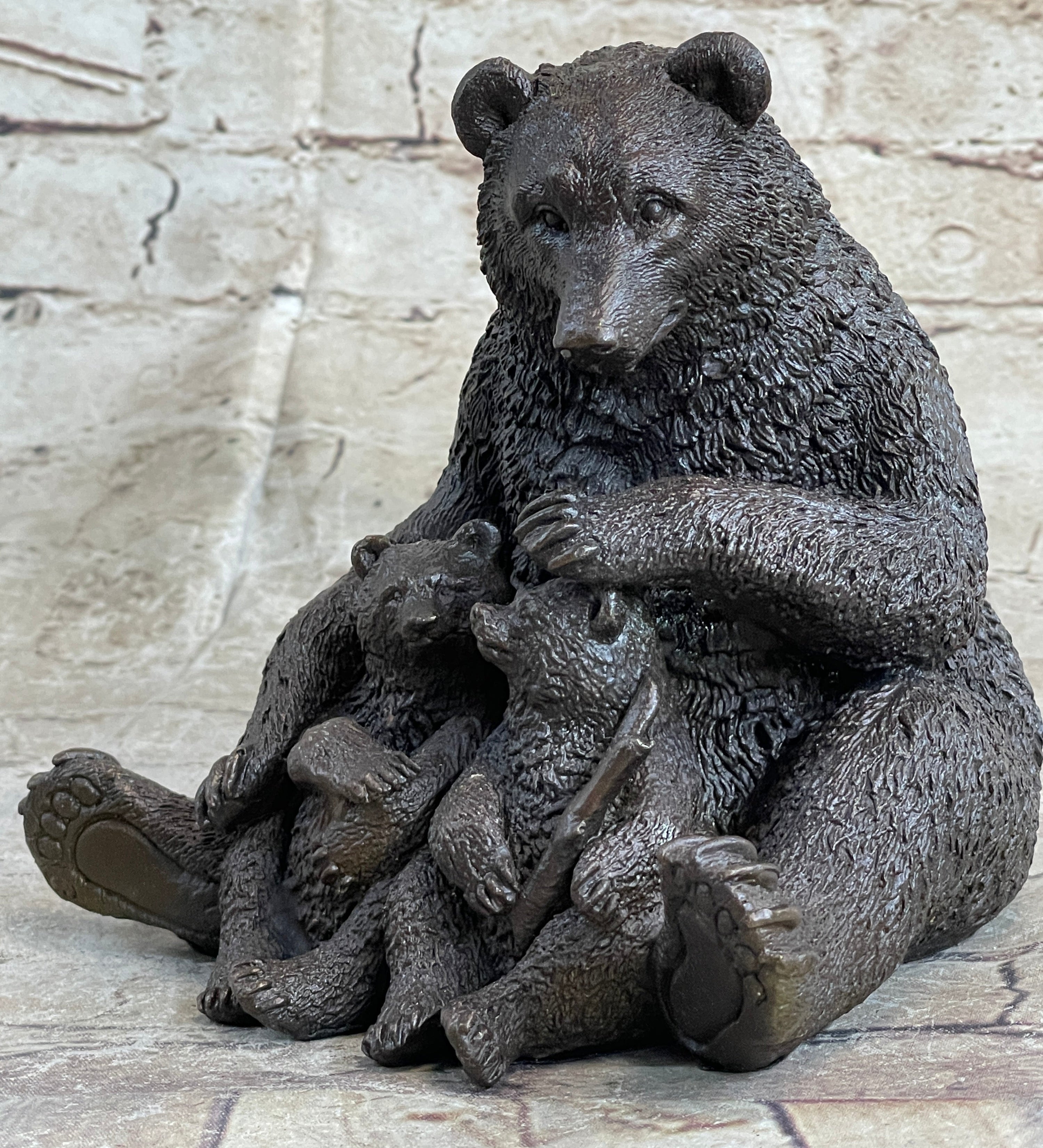 Mama Bear with Cubs Family of Bears Bronze Metal Figurine Sculpture Signed Art