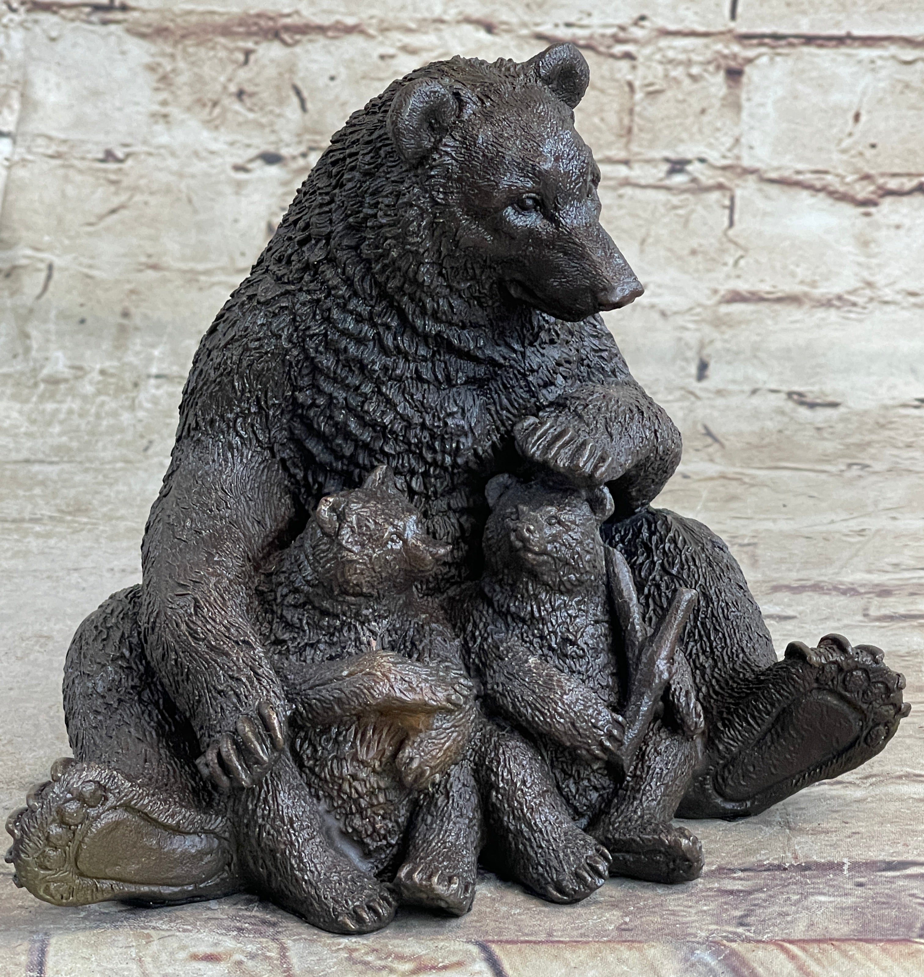 Mama Bear with Cubs Family of Bears Bronze Metal Figurine Sculpture Signed Art