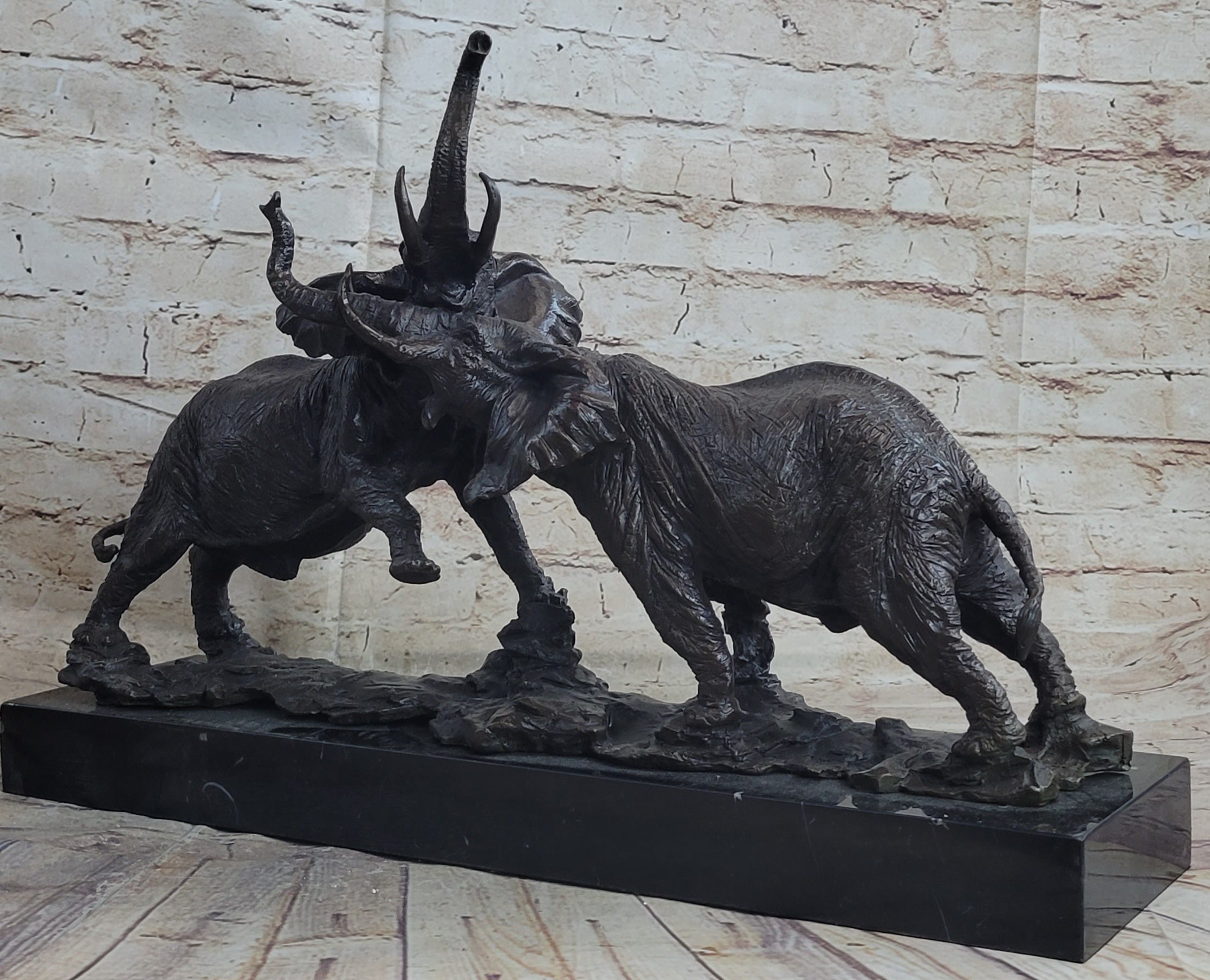 Elephants in Battle Bronze Sculpture Hot Cast Marble Base Figurine Wild Life Art