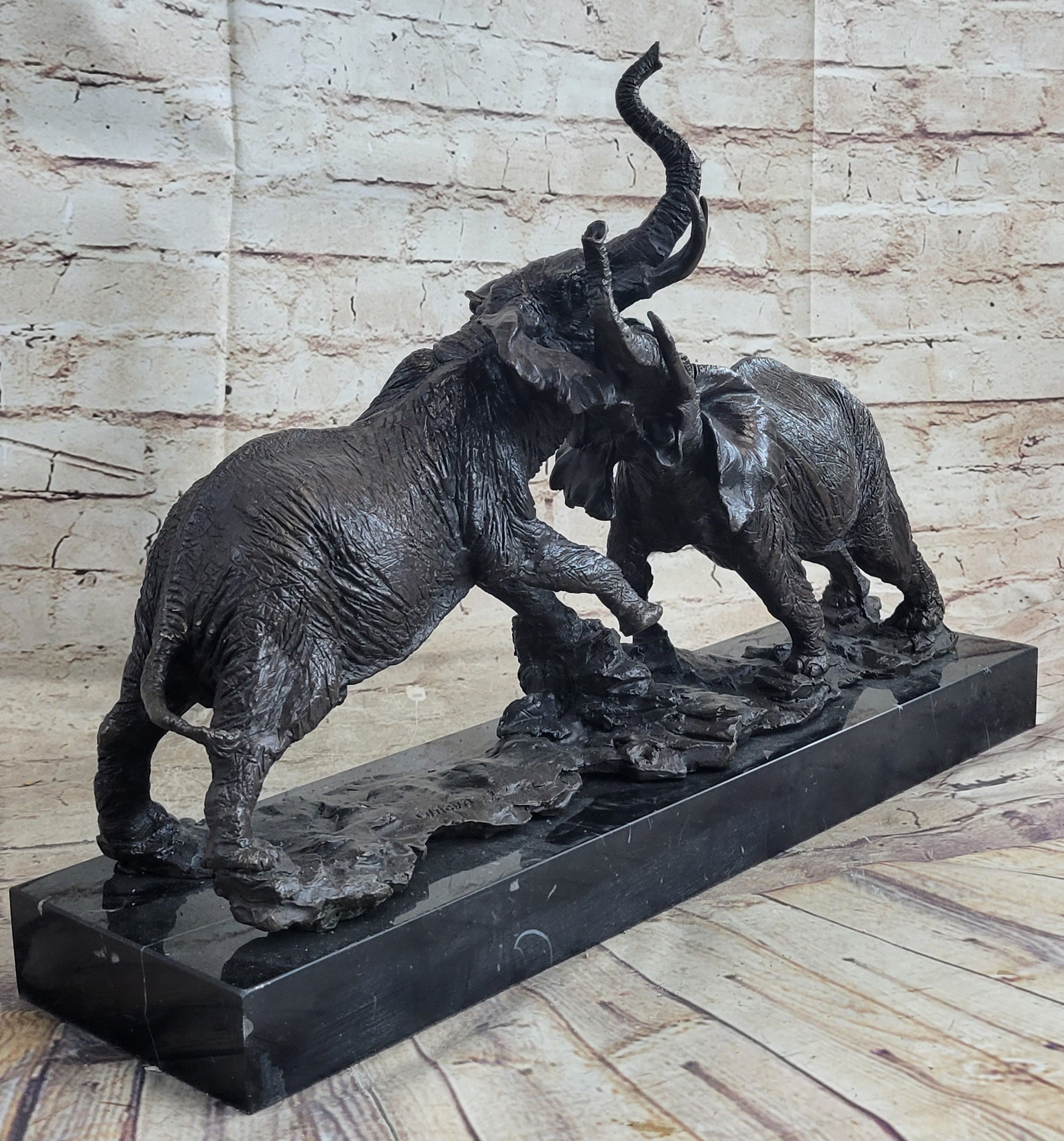 Elephants in Battle Bronze Sculpture Hot Cast Marble Base Figurine Wild Life Art