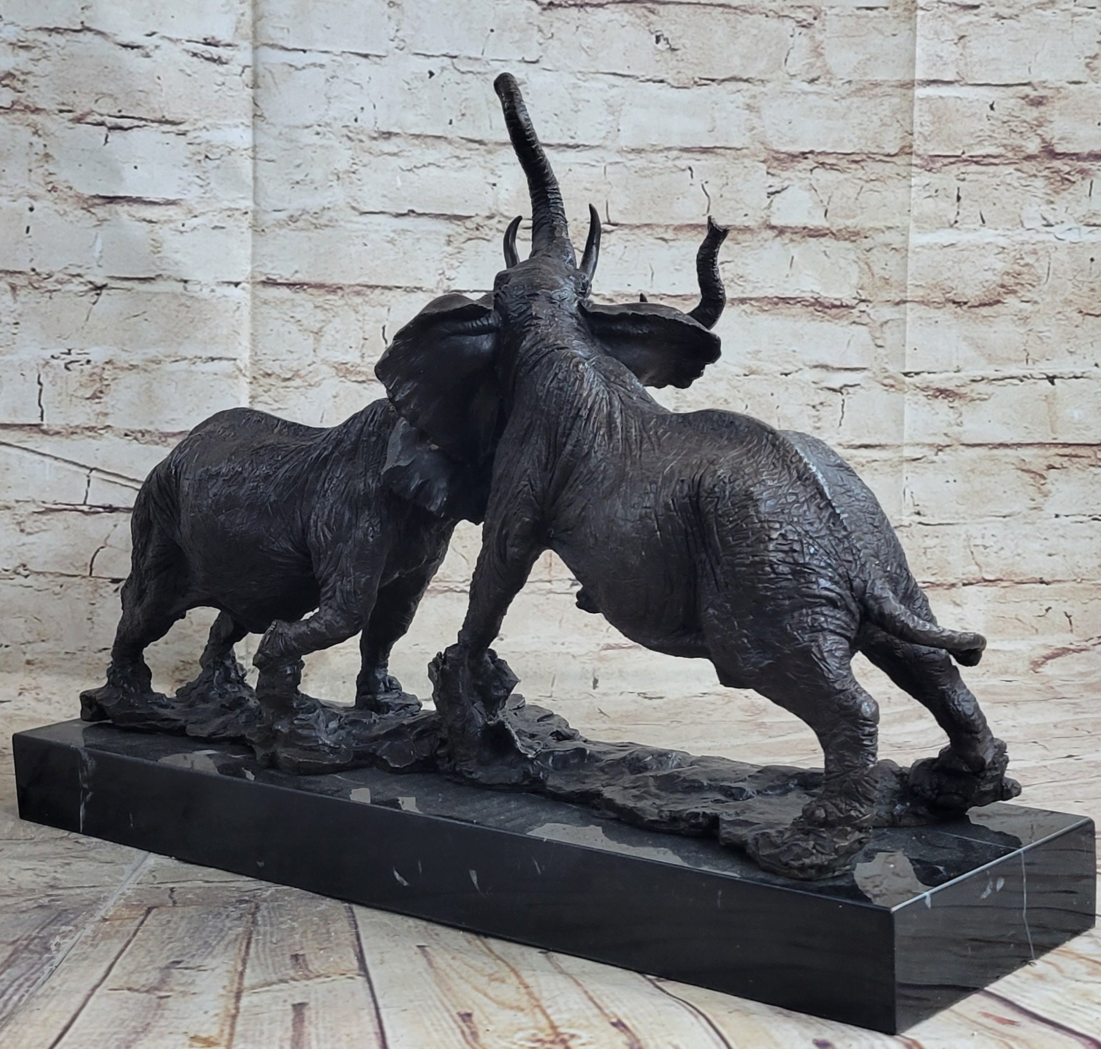 Elephants in Battle Bronze Sculpture Hot Cast Marble Base Figurine Wild Life Art