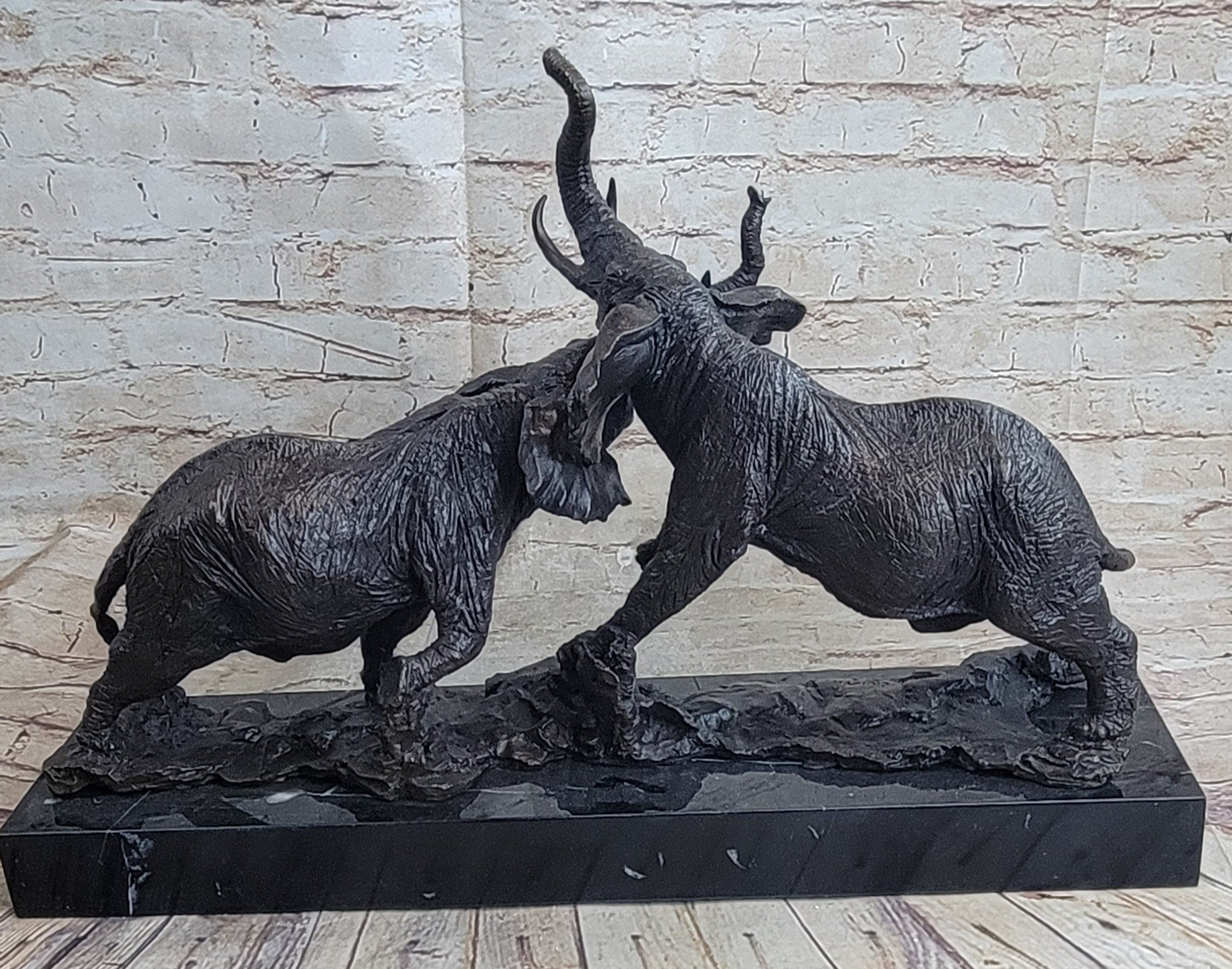 Elephants in Battle Bronze Sculpture Hot Cast Marble Base Figurine Wild Life Art